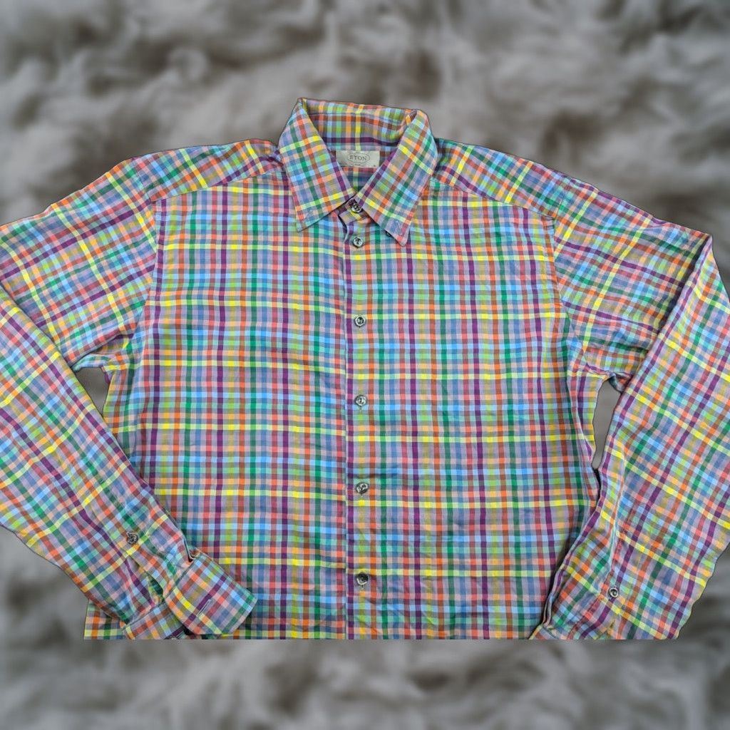 Eton ETON Mens Button Up Shirt 41 Slim Plaid Check Long Sleeve Multicolor Cotton Canvas Button-Up Men Size 41 Slim Mens Size US L / EU 52-54 / 3 - 1 Thumbnail