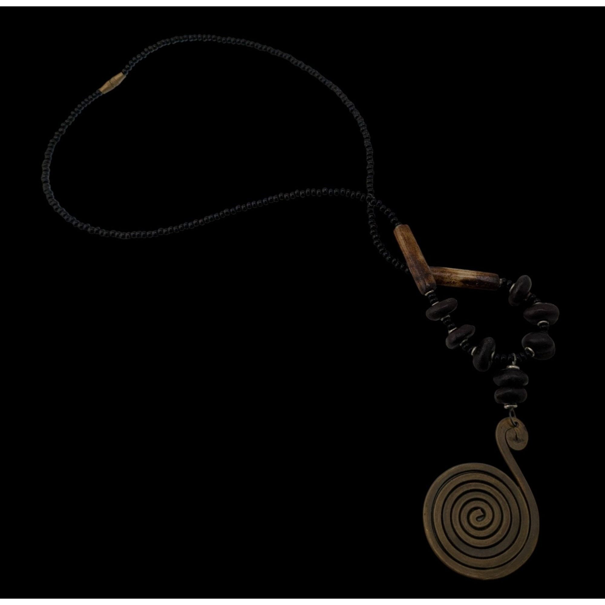 Handmade Vintage Tribal Spiral Pendant Necklace With Black Beads Wood Size ONE SIZE - 3 Thumbnail