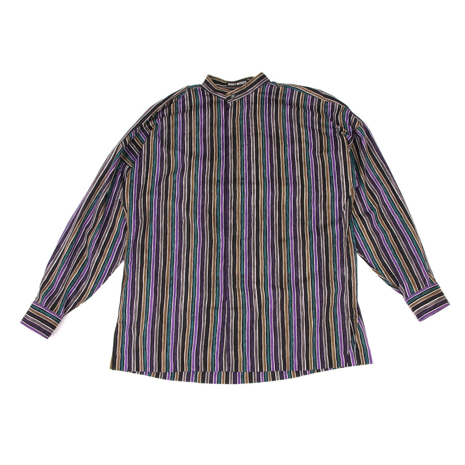 Issey Miyake Cotton Stripe Band Collar Shirt in Black Purple Green Size US M / EU 48-50 / 2 - 1 Thumbnail