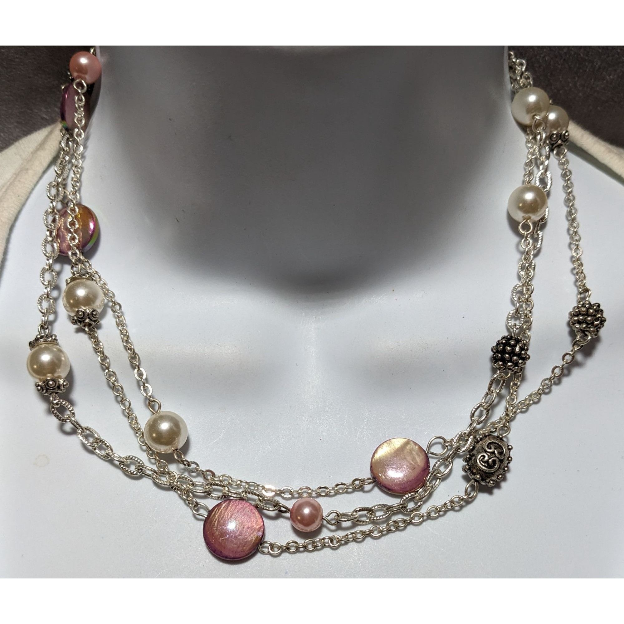 George George Silver Necklace With Pink & White Beads Size ONE SIZE - 9 Thumbnail
