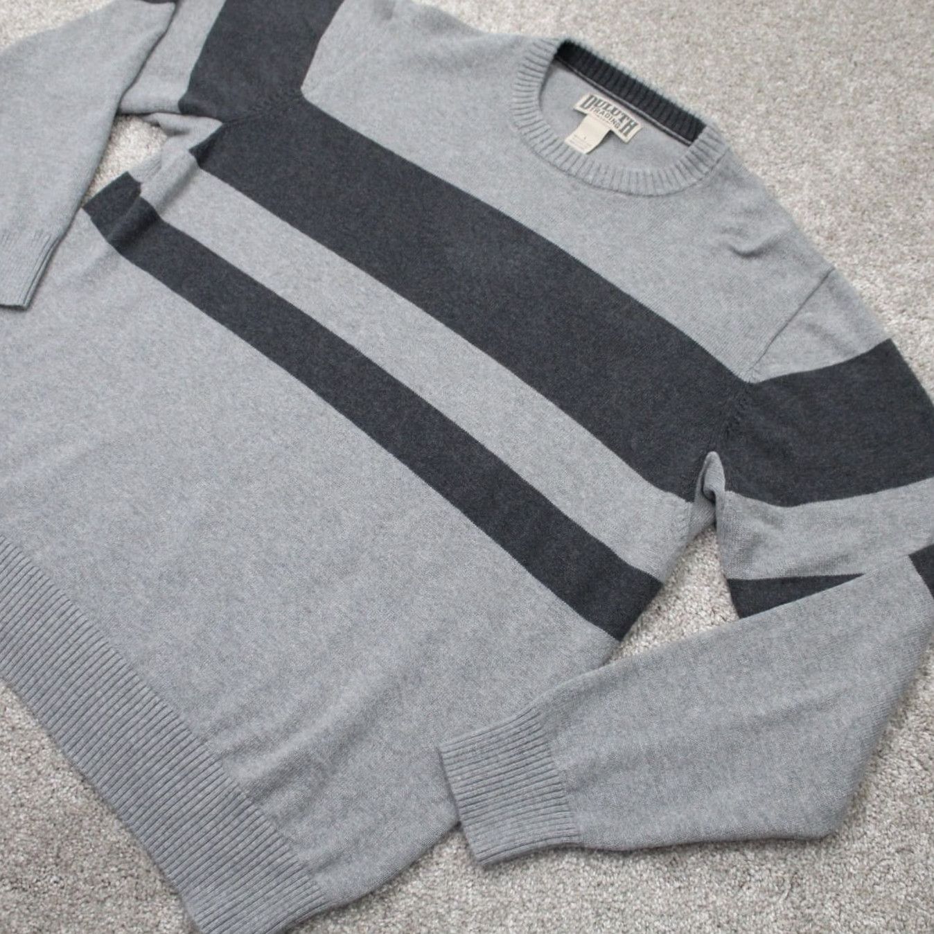 Vintage Duluth Sweater Men L Gray Strongarm Cotton Crew Stripe Pullover Knit Wool? Size US L / EU 52-54 / 3 - 3 Thumbnail