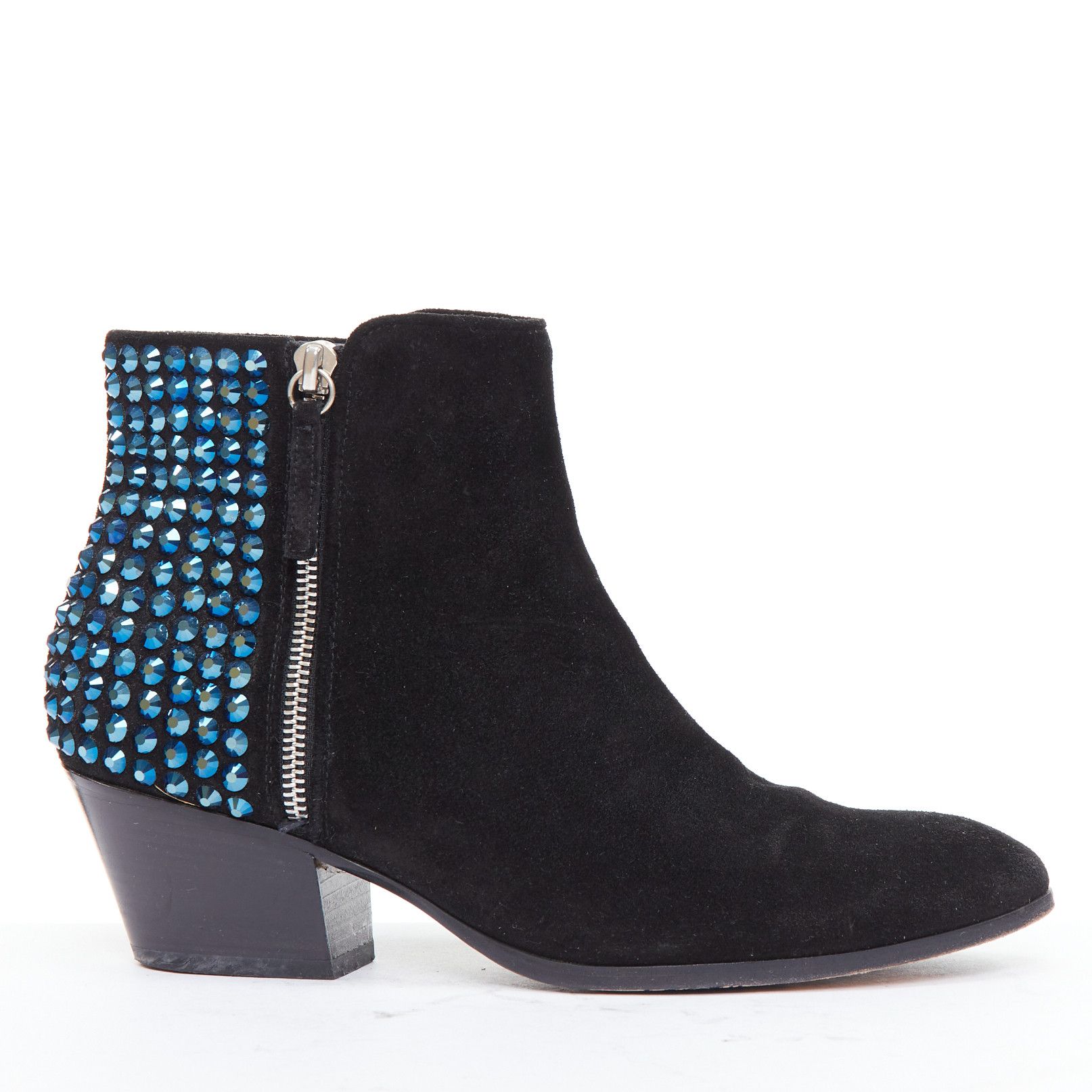 Giuseppe Zanotti GIUSEPPE ZANOTTI blue crystal encrusted heel black suede booties EU38 Size US 8 / IT 38 - 1 Thumbnail
