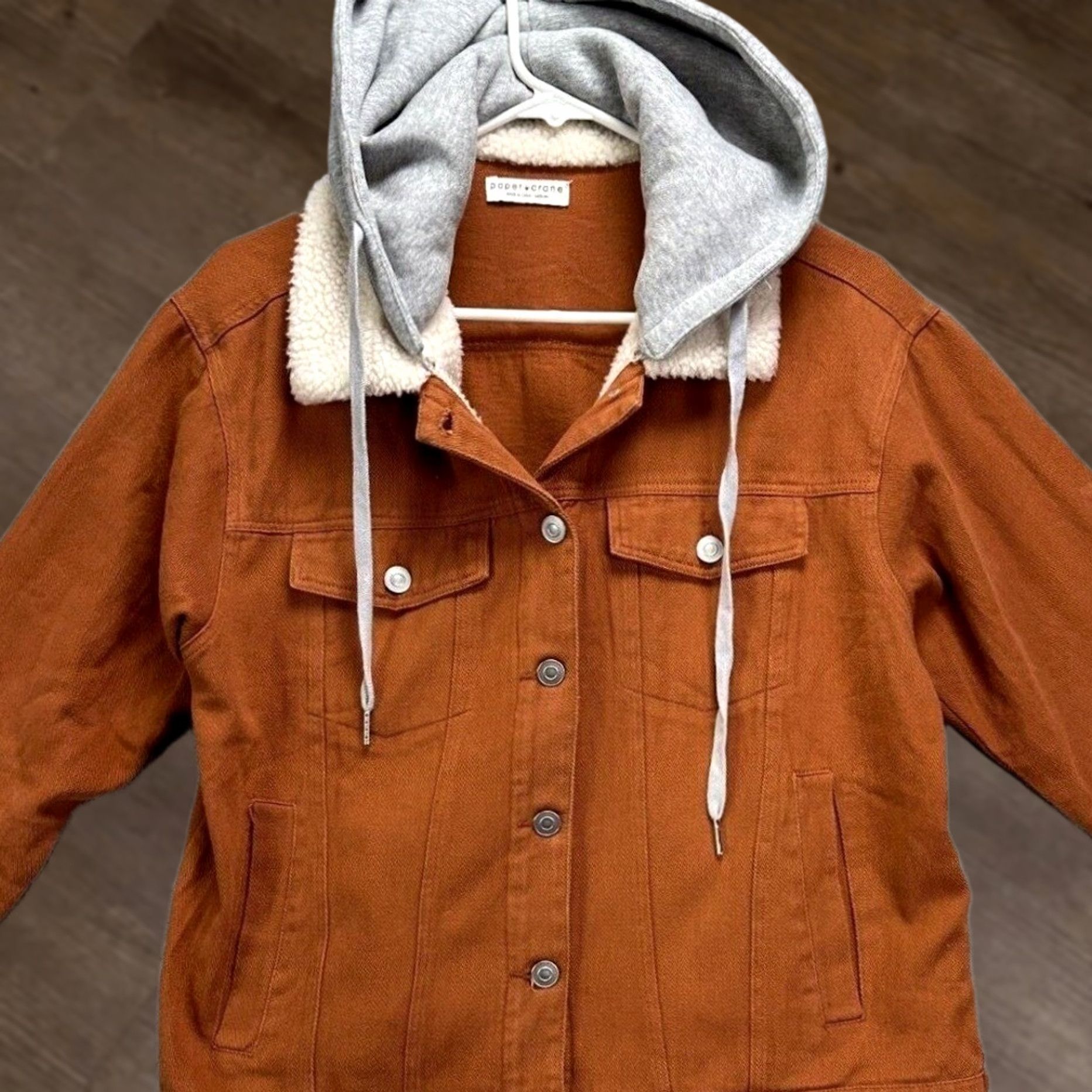 Denime Paper Crane Jacket Womens Medium Brown Sherpa Collared Hooded Denim Short Coat Casual Mens? Womens Size M / US 6-8 / IT 42-44 - 1 Thumbnail