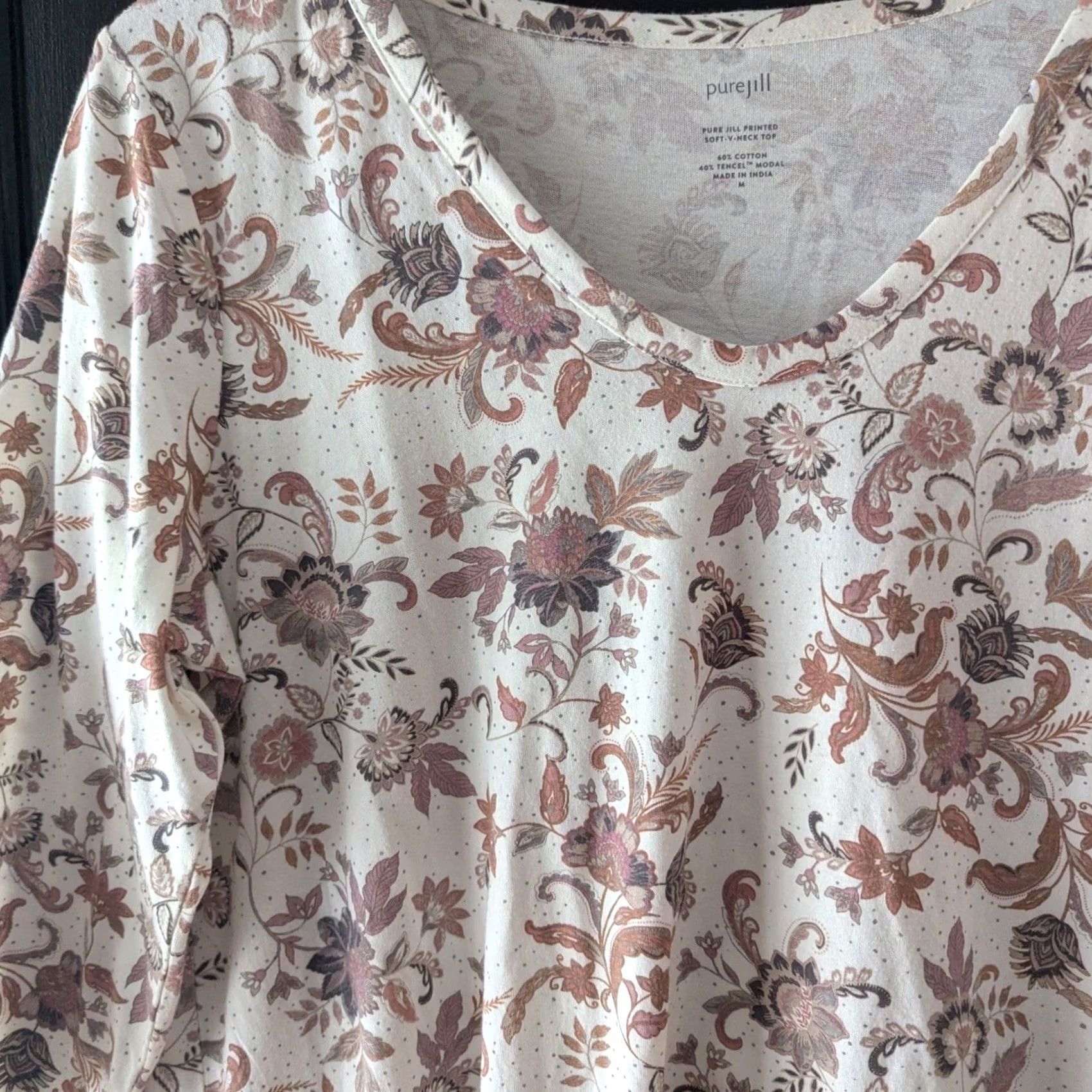 J. Jill J.Jill T-Shirt Womens M V-Neck 3/4 Sleeve Floral Multicolor Knit Cotton Blend Tencel Modal Pullover Casual Shirt Basic Size M / US 6-8 / IT 42-44 - 3 Thumbnail