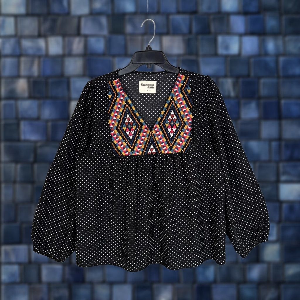 Vintage Savanna Jane Blouse Women's L Black Embroidered Polka Dot Tunic Boho Shirt Size L / US 10 / IT 46 - 1 Thumbnail