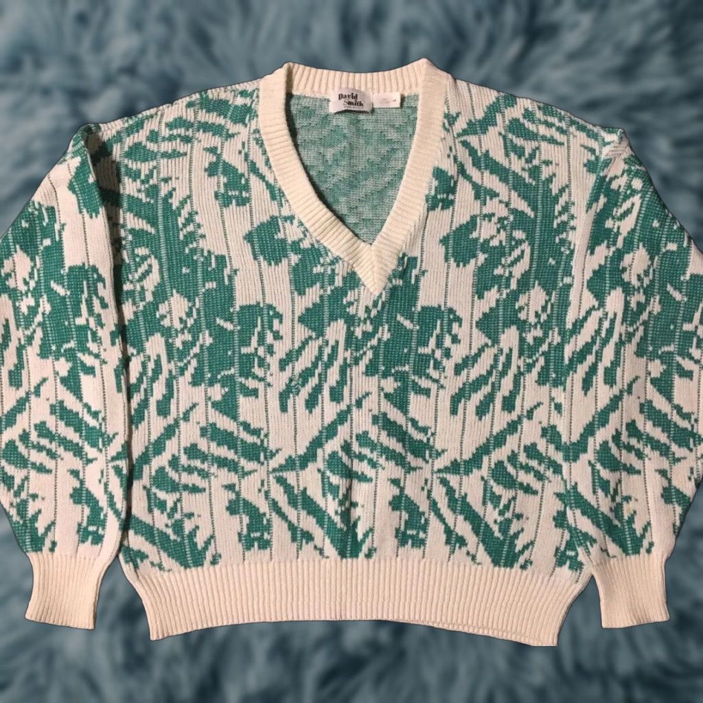 Vintage VINTAGE 90s Abstract Knit Sweater Women L Green USA Flower Art 80s 90s Heart Pullover Size L / US 10 / IT 46 - 1 Thumbnail