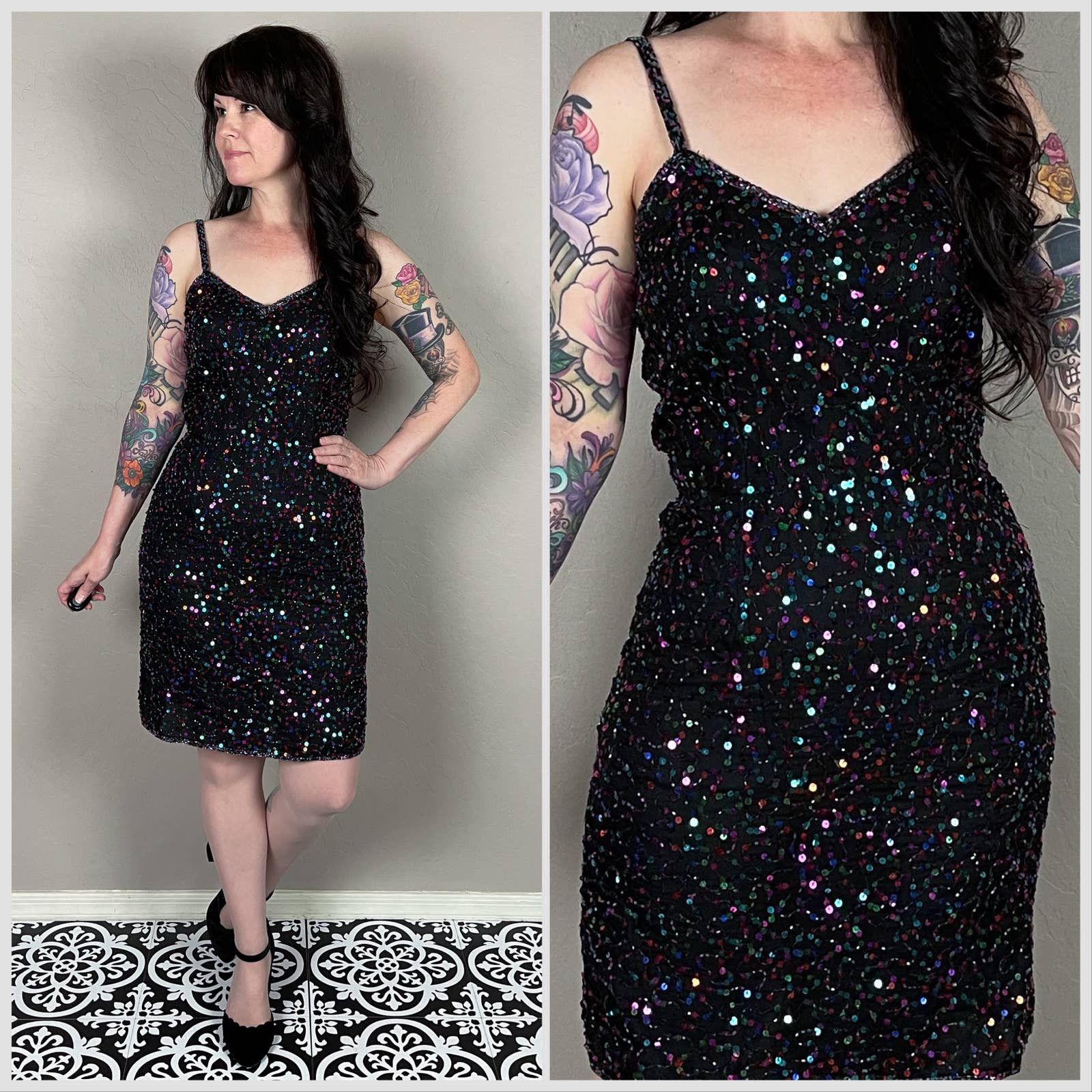 1980s Genny Draped Backless Black Silk Dress w Silver Star Thread Detailing