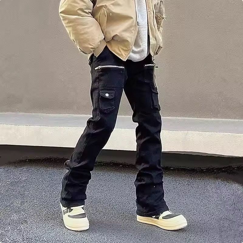 Japanese Brand Black Multi-Zip Cargo Flared Pants - Stacked Fit Size US 32 / EU 48 - 3 Thumbnail