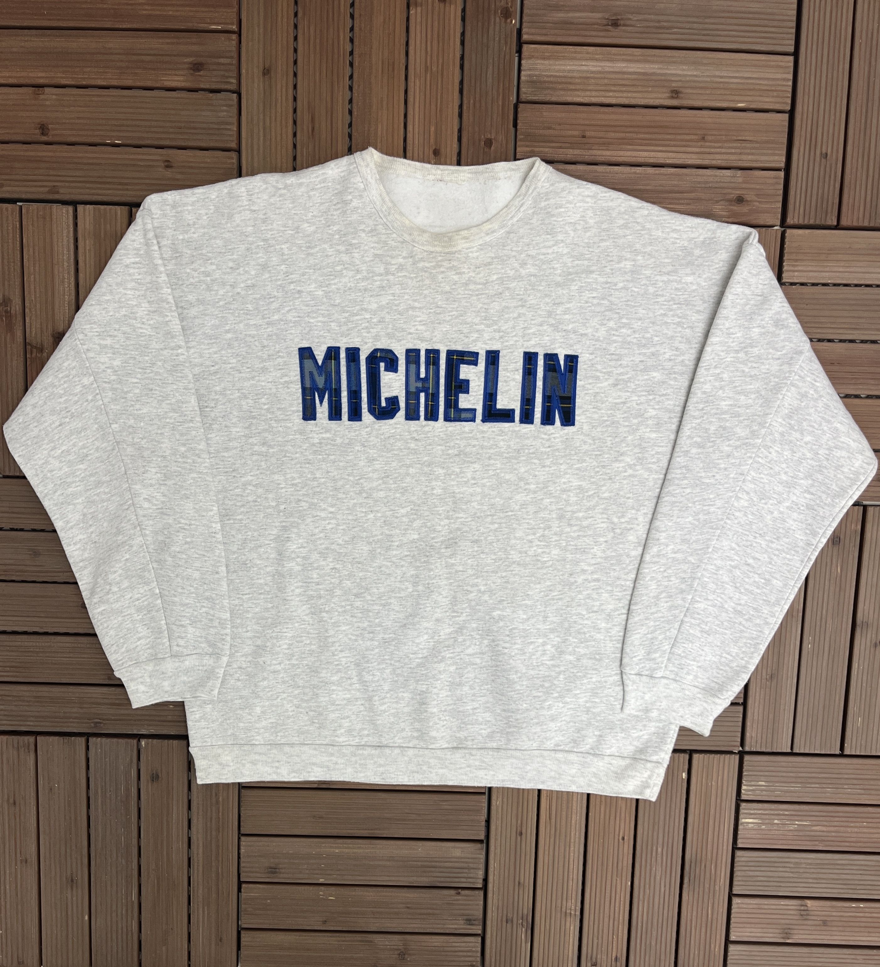 Vintage Michelin Plaid Stitched Vintage Grey Crewneck Sweater Size US XL / EU 56 / 4 - 1 Thumbnail