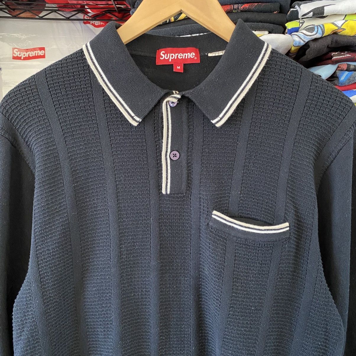 Supreme Supreme Stripe Rib Long Sleeve Knit Polo Black 2019 Size US M / EU 48-50 / 2 - 2 Thumbnail