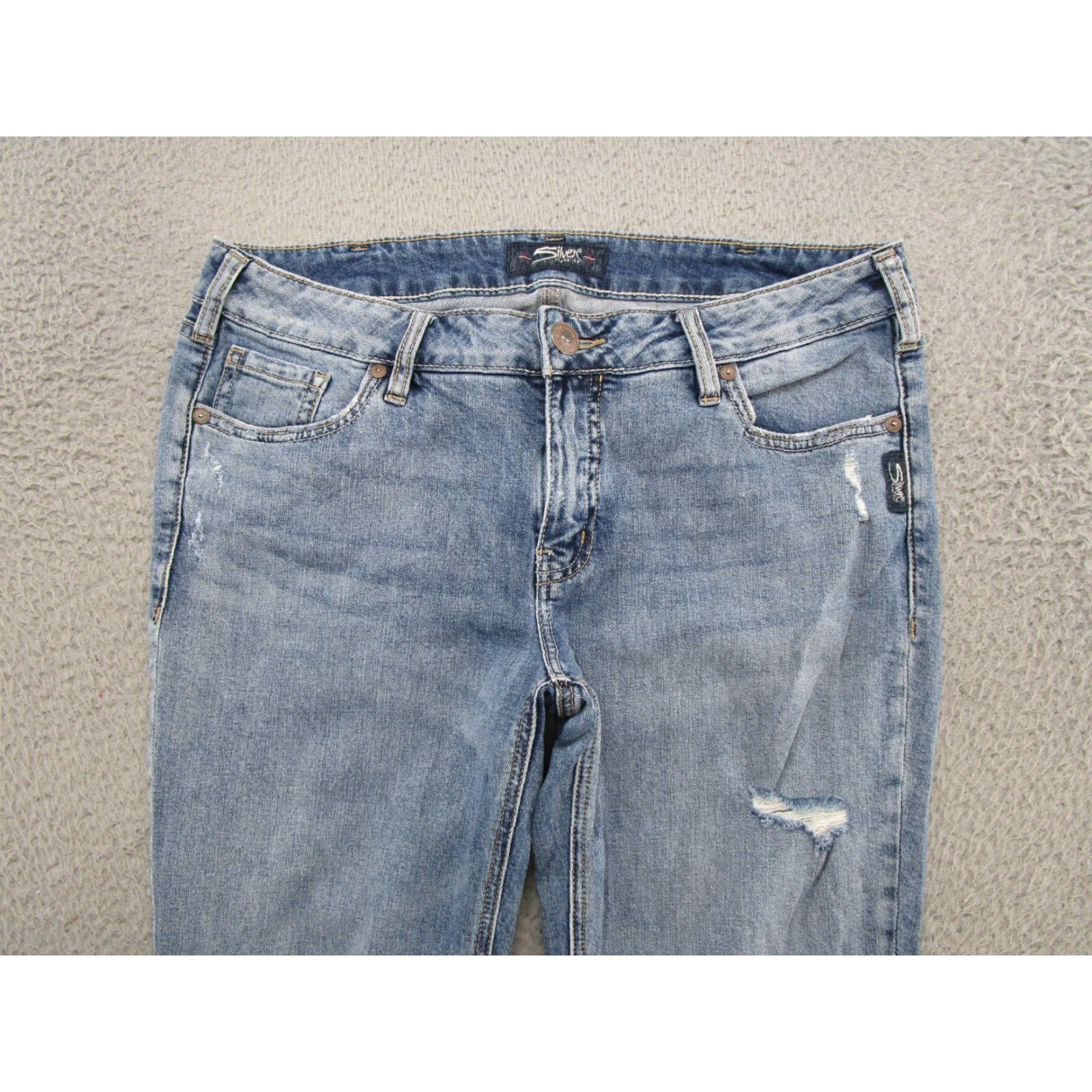 Silver Jeans Co. Silver Jeans Distressed Denim Light Wash Stretch Super Skinny Elyse Jeans 31x29 Women Jeans 31 Blue 90s? Size 24" / US 00 / IT 34 - 3 Thumbnail