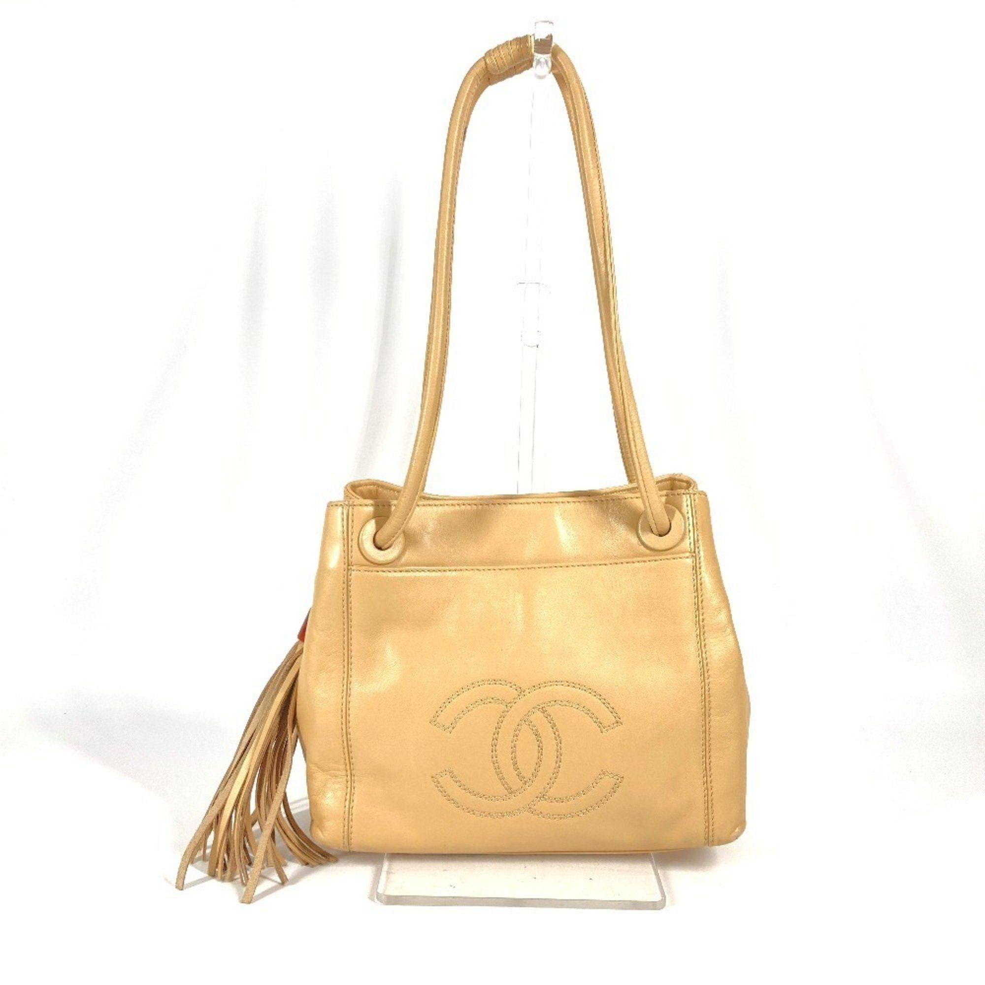 Chanel Vintage Cc Coco Mark Fringe Tassel Shoulder Bag Tote Leather Women's Beige