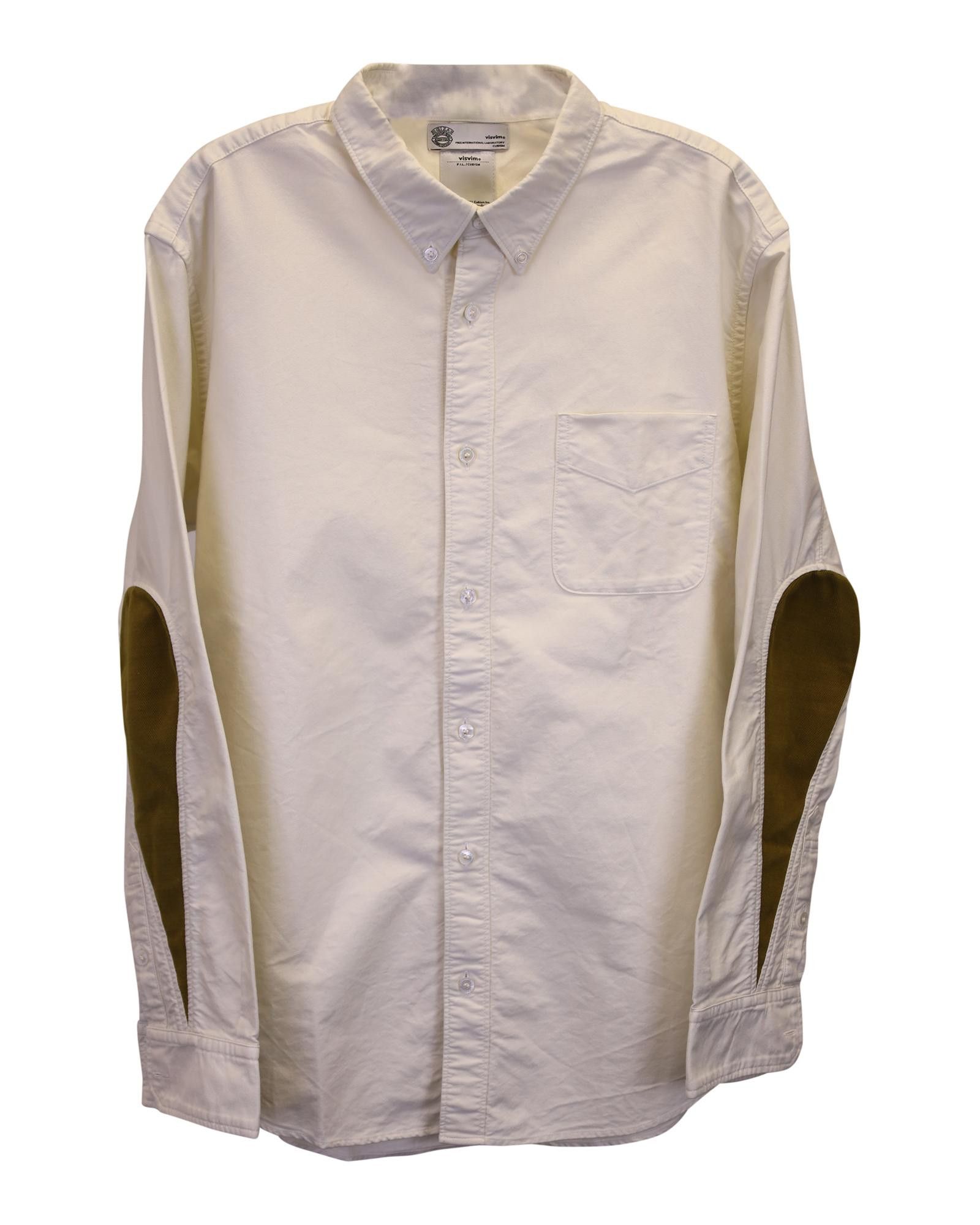 Visvim Quilted Patchwork Ivory Cotton Oxford Shirt with Olive