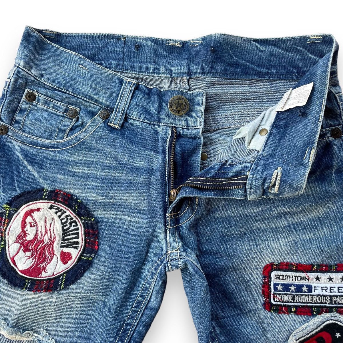 Beauty Beast 🇯🇵 SKY BOMBER PATCHWORK DISTRESSED WASHED DENIM PANTS Size 30" / US 8 / IT 44 - 6 Thumbnail