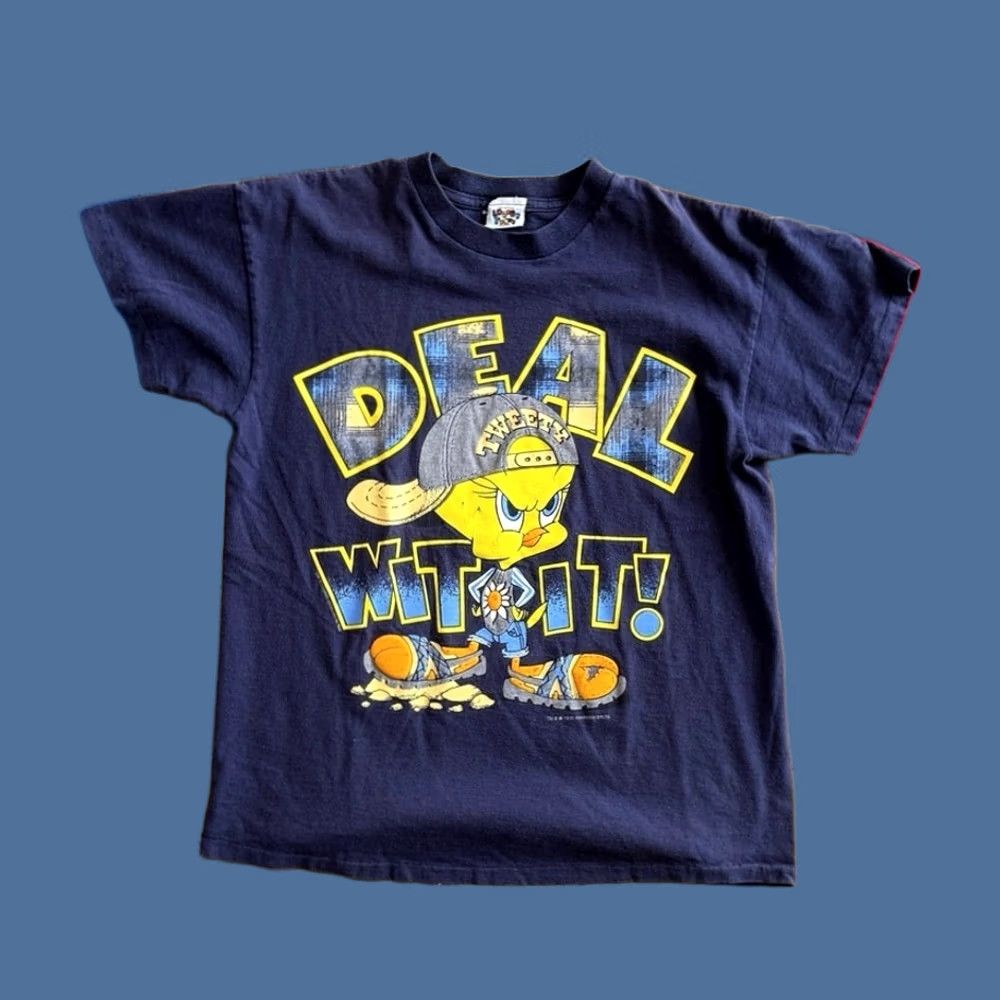 Vintage VINTAGE 90s Looney Tunes Tweety Bird “Deal Wit It!” T-Shirt Womens Large Blue Short Sleeve Regular Pattern Solid Size L / US 10 / IT 46 - 1 Thumbnail
