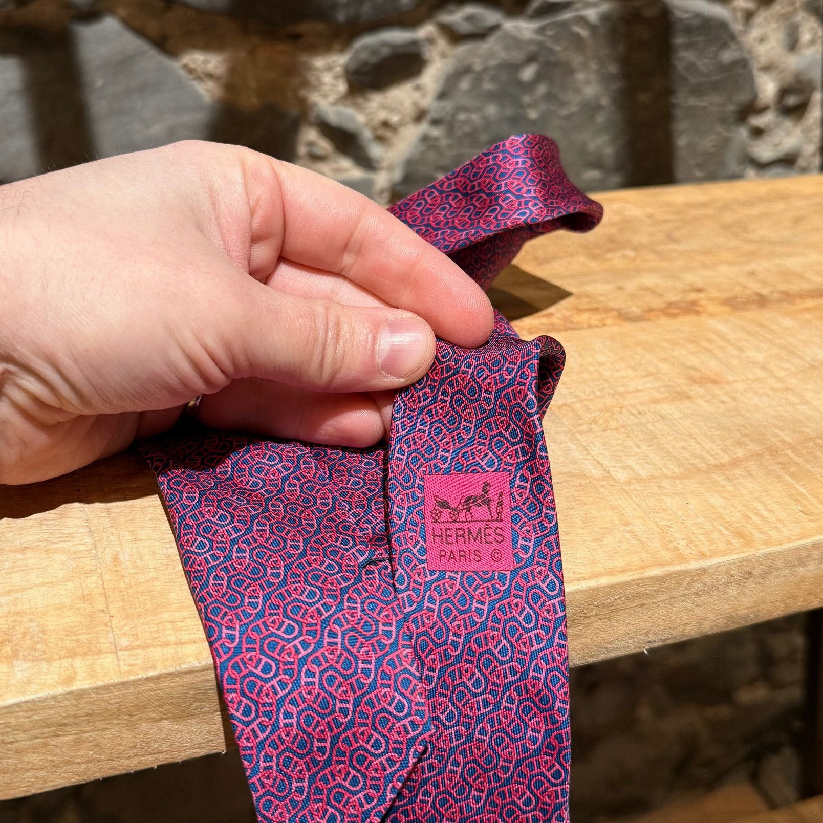 Hermes Hermès Pink Chaine D'Ancre Pattern Navy Silk Tie Size ONE SIZE - 5 Thumbnail