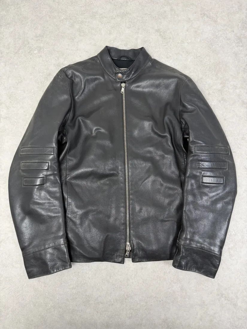 1990s Emporio Armani Black Padded Leather Minimalist Biker Jacket