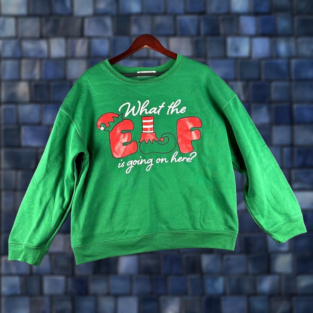 Vintage Wound Up Sweatshirt Womens 2XL Green What The Elf IS Going On Christmas Top Shirt Pullover Round Neck Ribbed Cuffs Holiday Holidaywear Womens Mens? Size XXL / US 16-18 / IT 52-54 - 1 Thumbnail