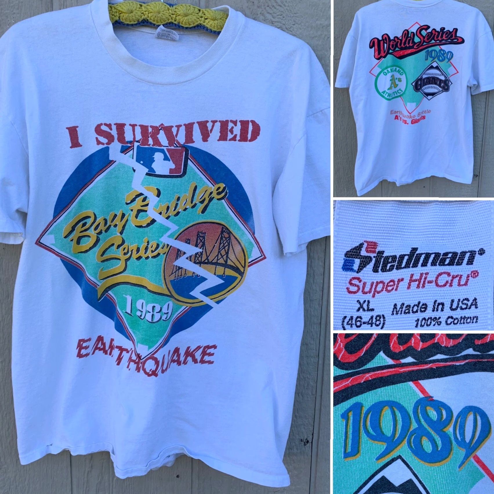 Vintage VINTAGE I Survived Bay Bridge Series 1989 Earthquake World Series t-shirt XL Shirt Men White 1989 Earthquake World Series A’s Giants Graphic Tee Size US XL / EU 56 / 4 - 2 Thumbnail