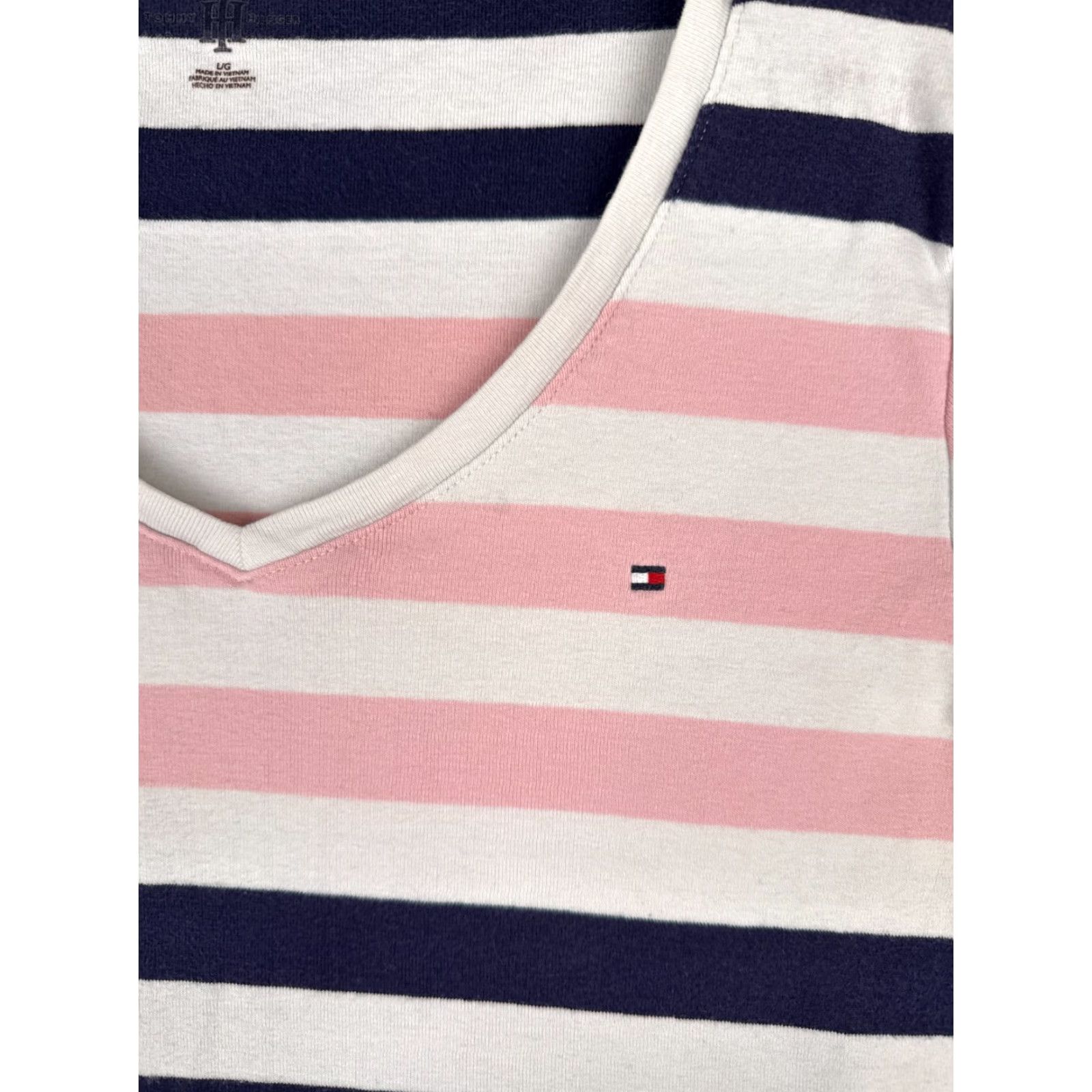 Tommy Hilfiger Tommy Hilfiger Shirt Women Large Pink Blue Striped V-Neck Cotton Designer Classic Size L / US 10 / IT 46 - 6 Thumbnail