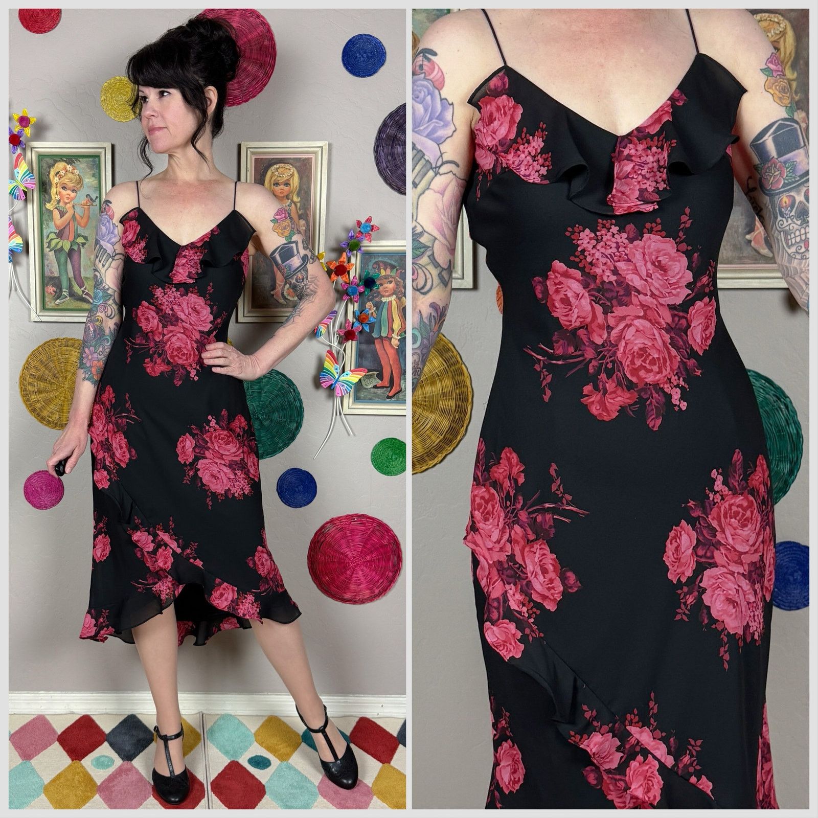 Express × Vintage Vintage Y2K Black and Pink Floral Ruffle Slipdress Size XS / US 0-2 / IT 36-38 - 1 Thumbnail