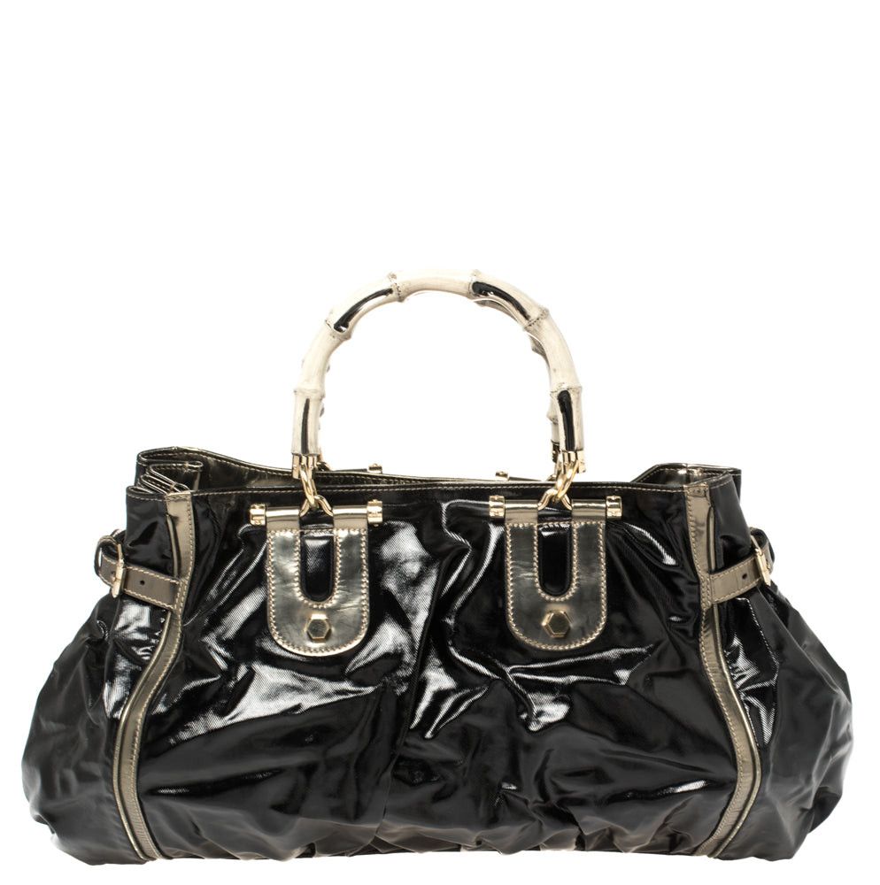 image of Gucci Black Coated Canvas And Leather Dialux Pop Bamboo Satchel, Women's