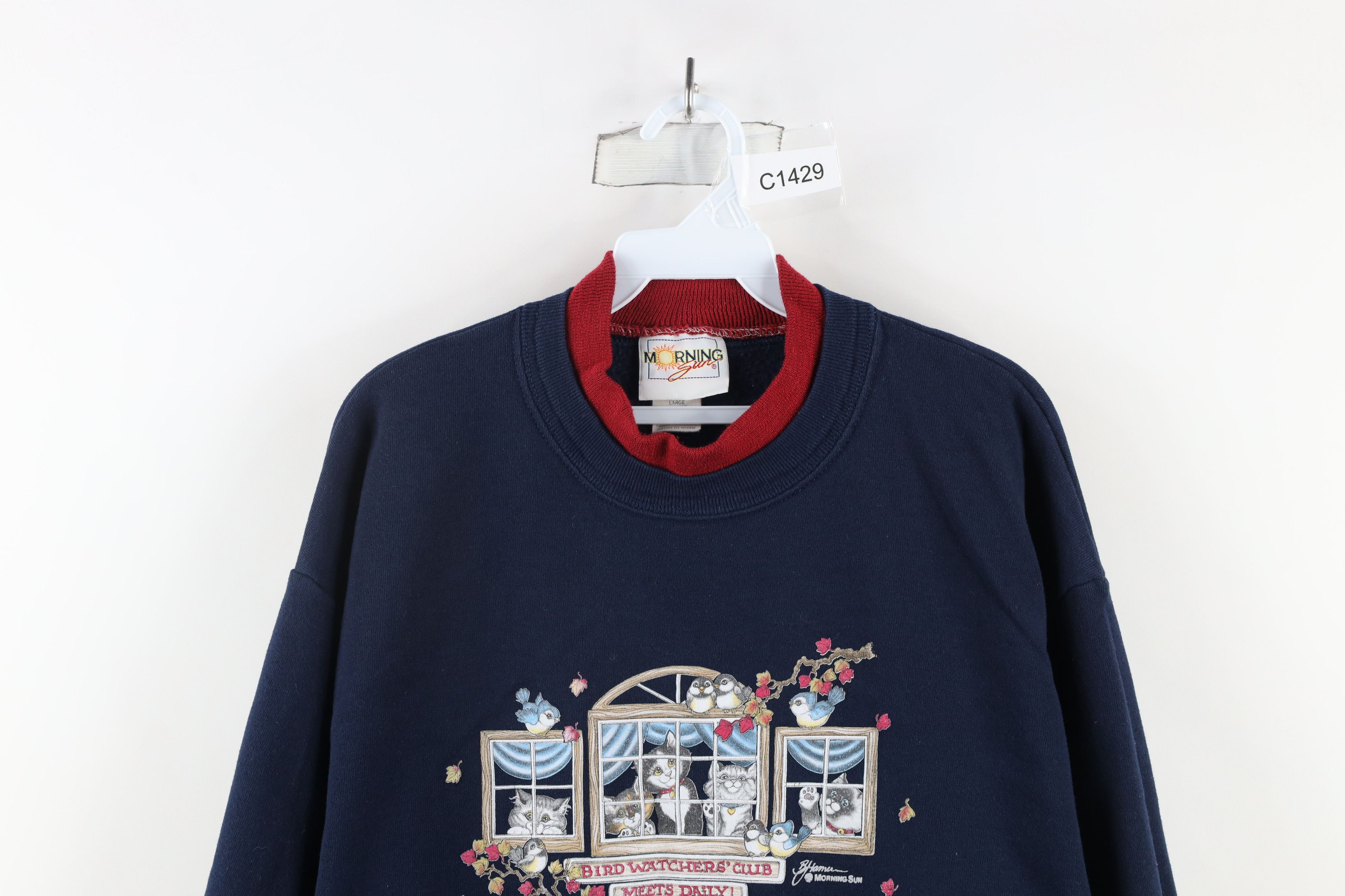 Vintage Vintage 90s Streetwear Cat Kitten Bird Sweatshirt Blue USA Size L / US 10 / IT 46 - 2 Thumbnail
