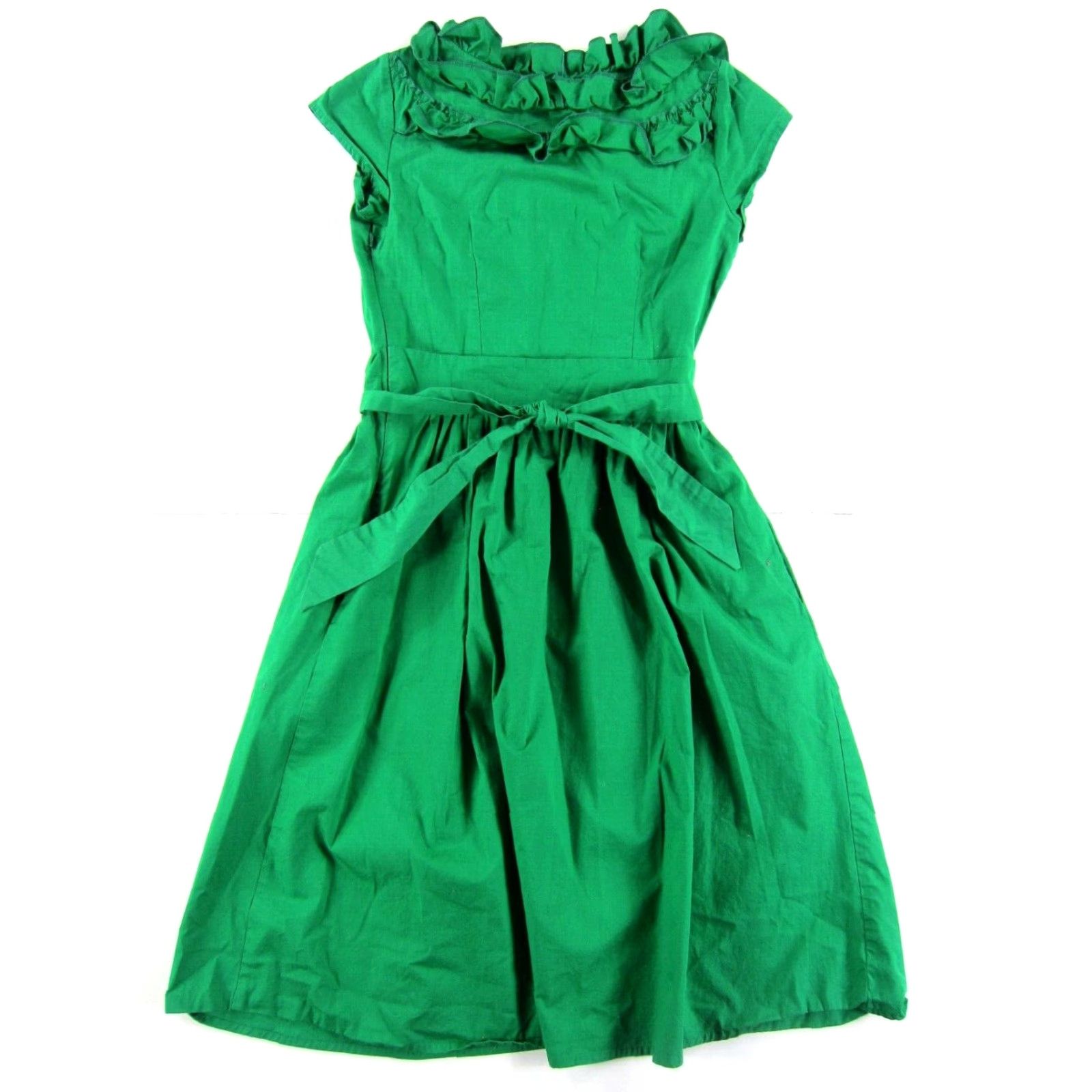 Vintage eShakti Dress Green 100% Cotton Ruffle Neck Pocket Cap Sleeve Tie Sheath M/8 Size M / US 6-8 / IT 42-44 - 2 Thumbnail