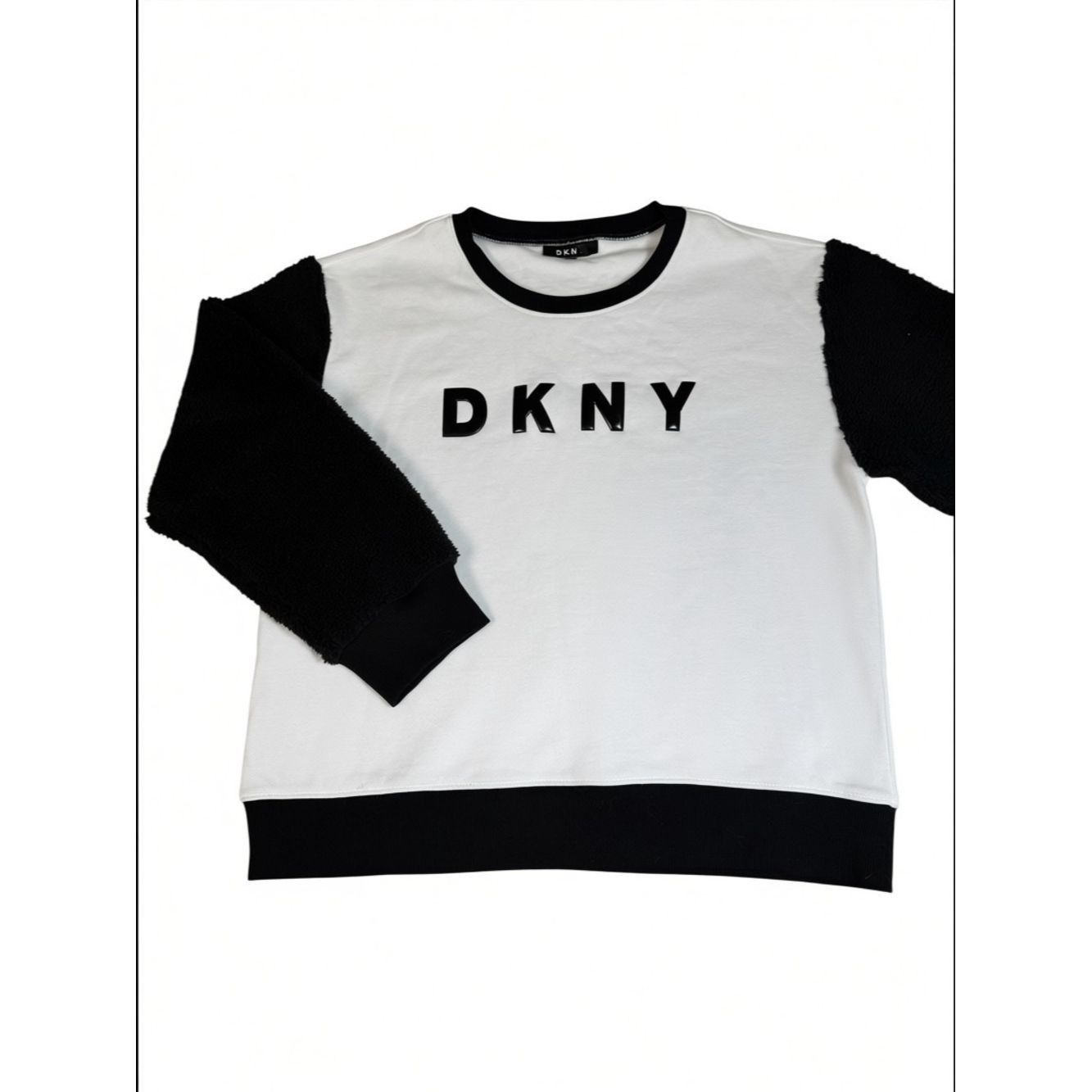 DKNY DKNY Black White Colorblock Logo Sherpa Sleeve Sweater Size Size L / US 10 / IT 46 - 2 Thumbnail
