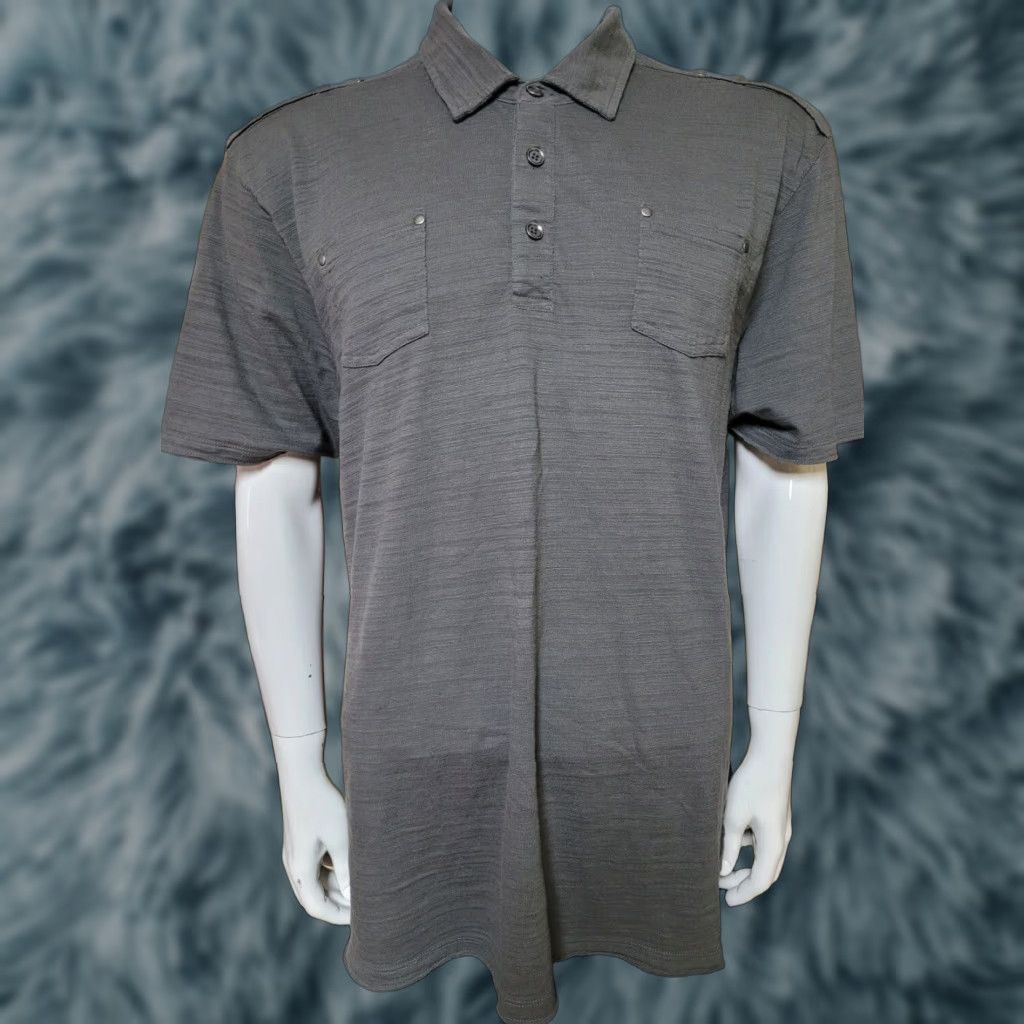 Vintage Retrofit Polo Shirt Mens XL Gray 3-Button Short Sleeve 2 Pocket Epaulettes Collared Cotton Blend Arrows Pattern Button Size US XL / EU 56 / 4 - 1 Thumbnail