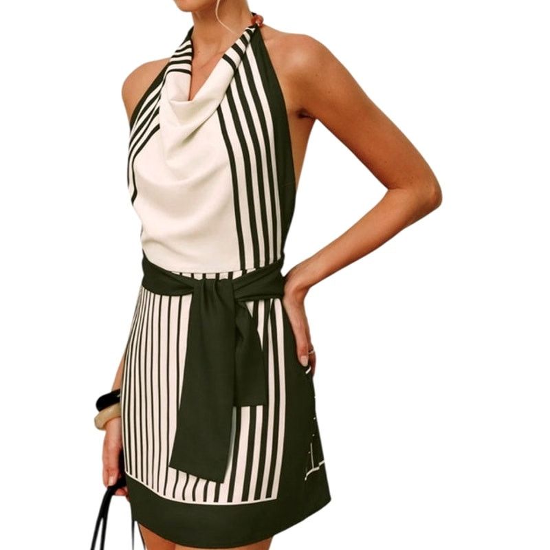 Other Commense Green White Stripe Halter Cowl Neck Zip Short Dress Size XS / US 0-2 / IT 36-38 - 5 Thumbnail