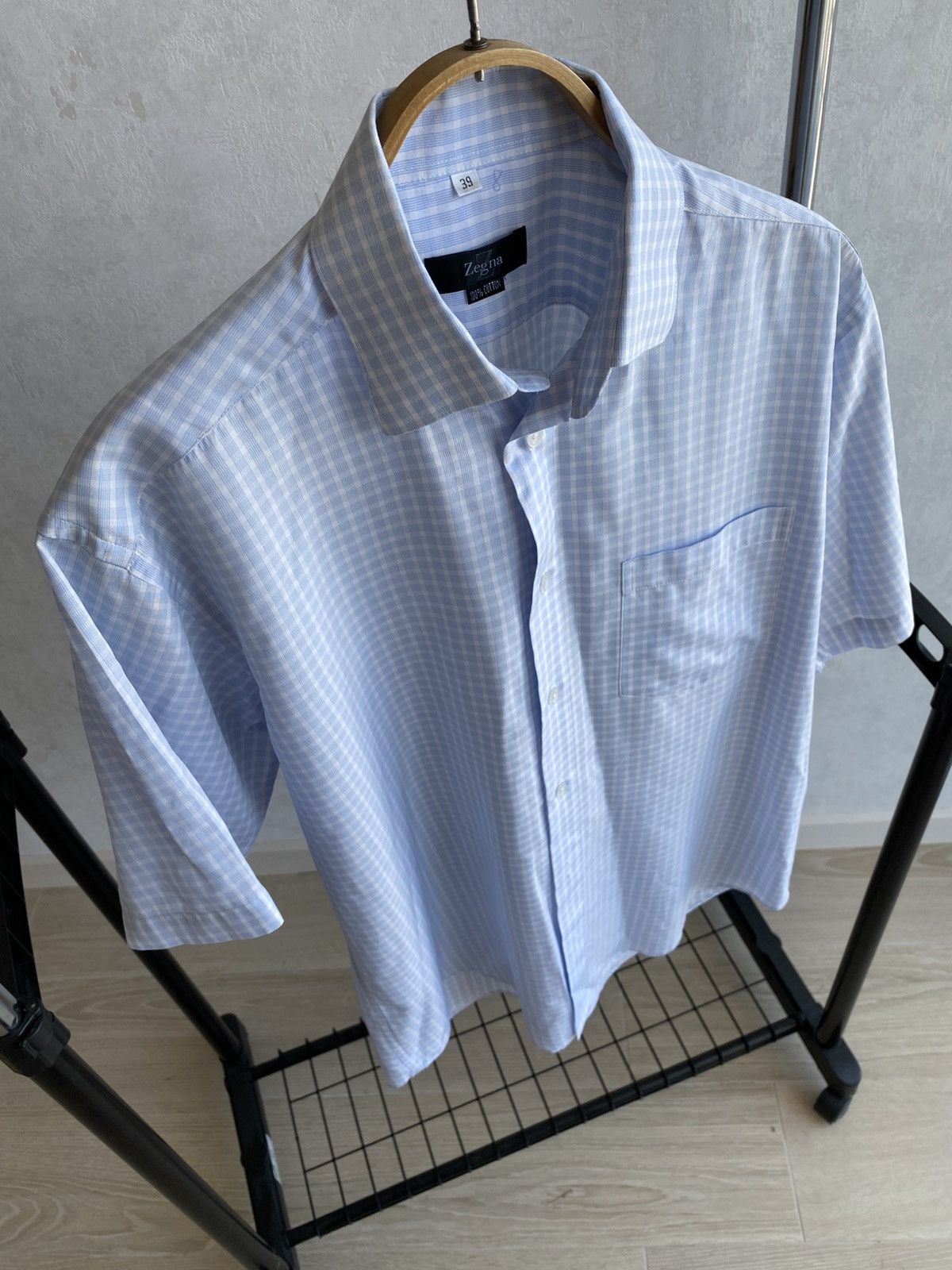 Ermenegildo Zegna Zegna Short Sleeve Shirt – Blue & White, Made in Italy Size US M / EU 48-50 / 2 - 1 Thumbnail