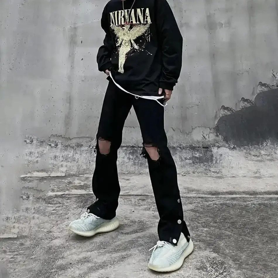 Japanese Brand Ripped Jeans Men Streetwear Black Hole Denim Pants Size US 32 / EU 48 - 5 Thumbnail