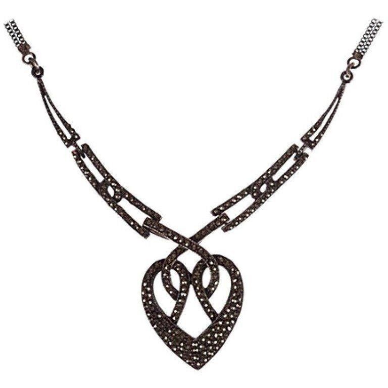 Art Deco Sterling Silver Pave Marcasite Heart Necklace