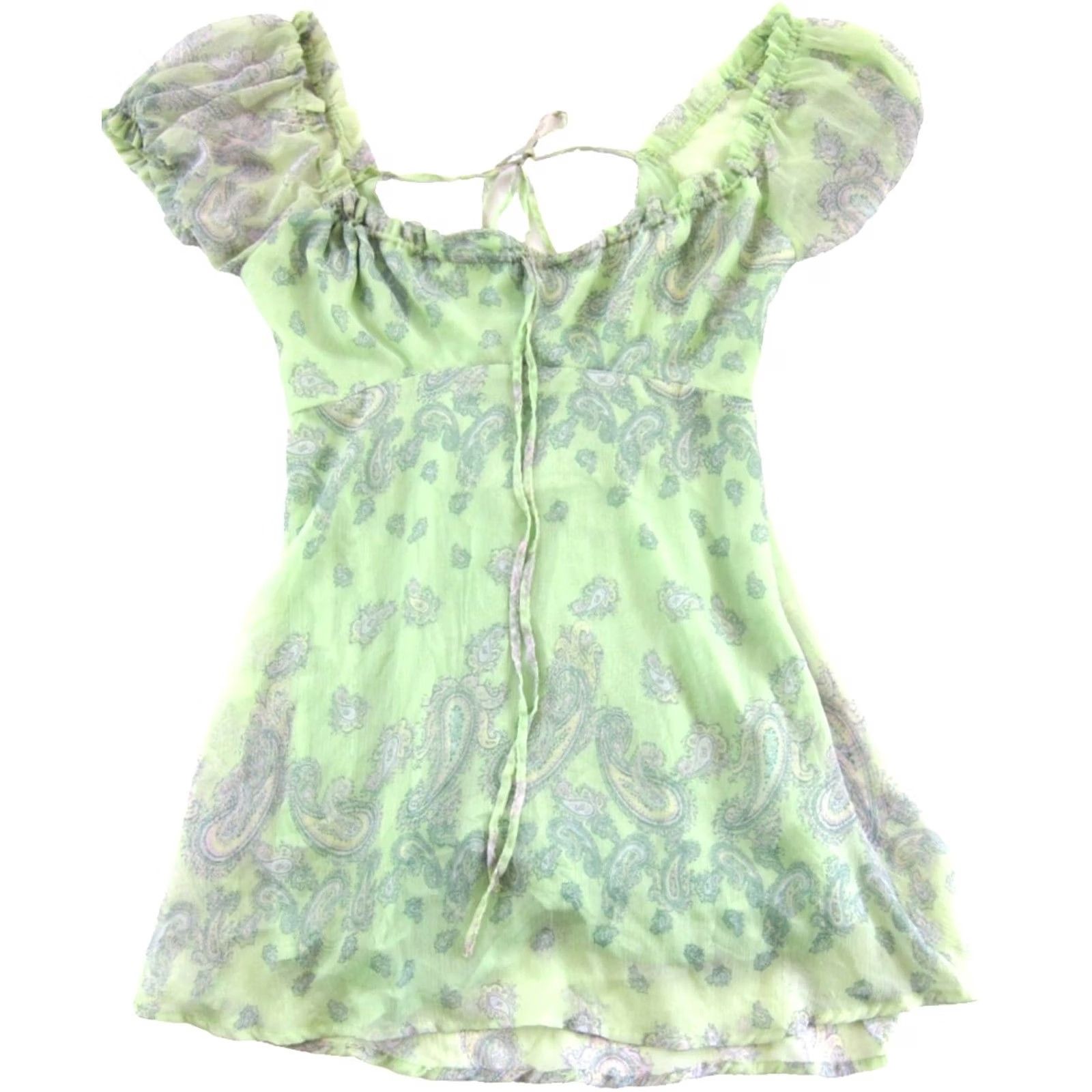 Urban Outfitters URBAN OUTFITTERS Lime Green Pink Paisley Floral Sheer Cap Sleeve Short Dress M Size 32" / US 10 / IT 46 - 2 Thumbnail