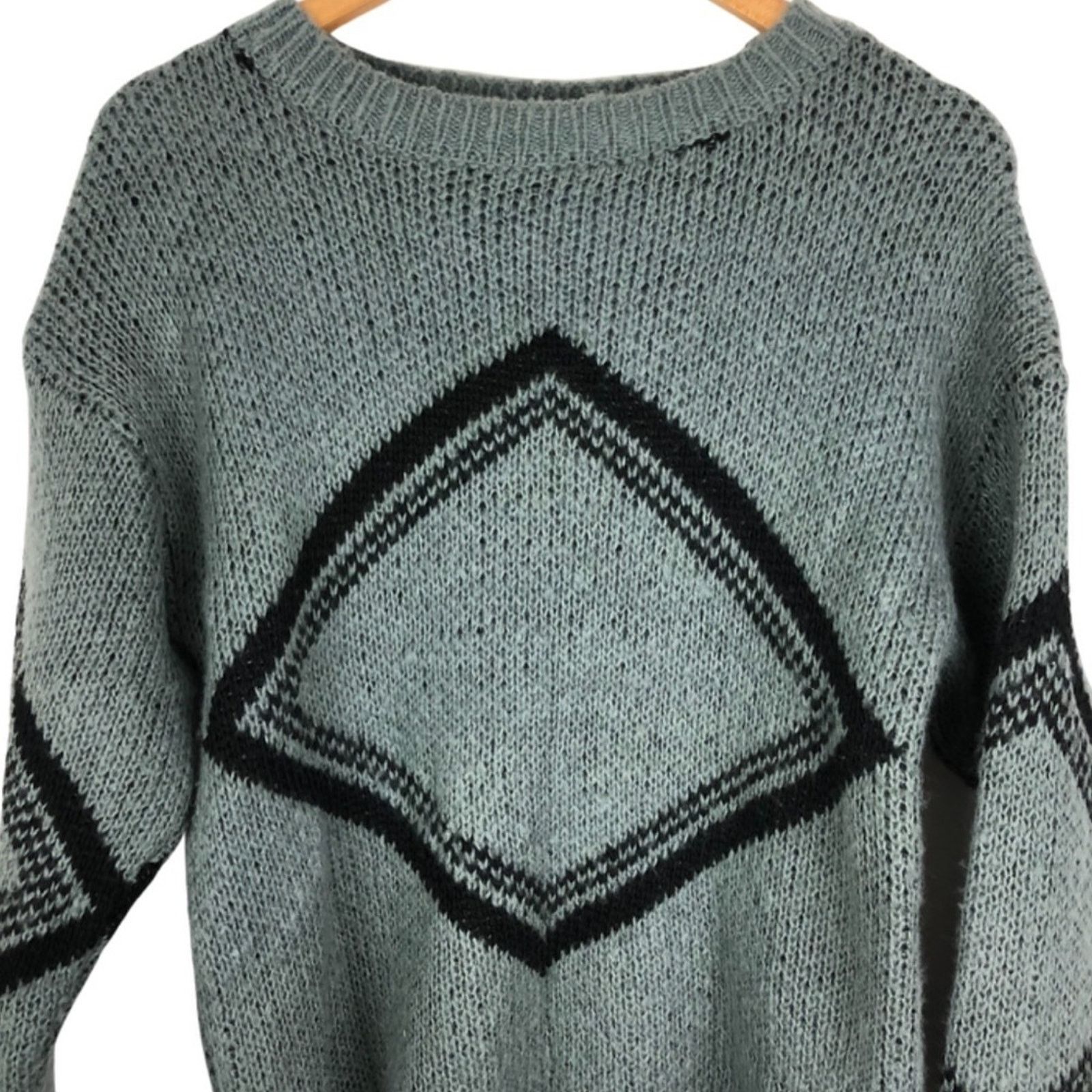 Other Handmade Knit Women’s Grey Geometric Retro Pullover Sweater Size L / US 10 / IT 46 - 4 Thumbnail