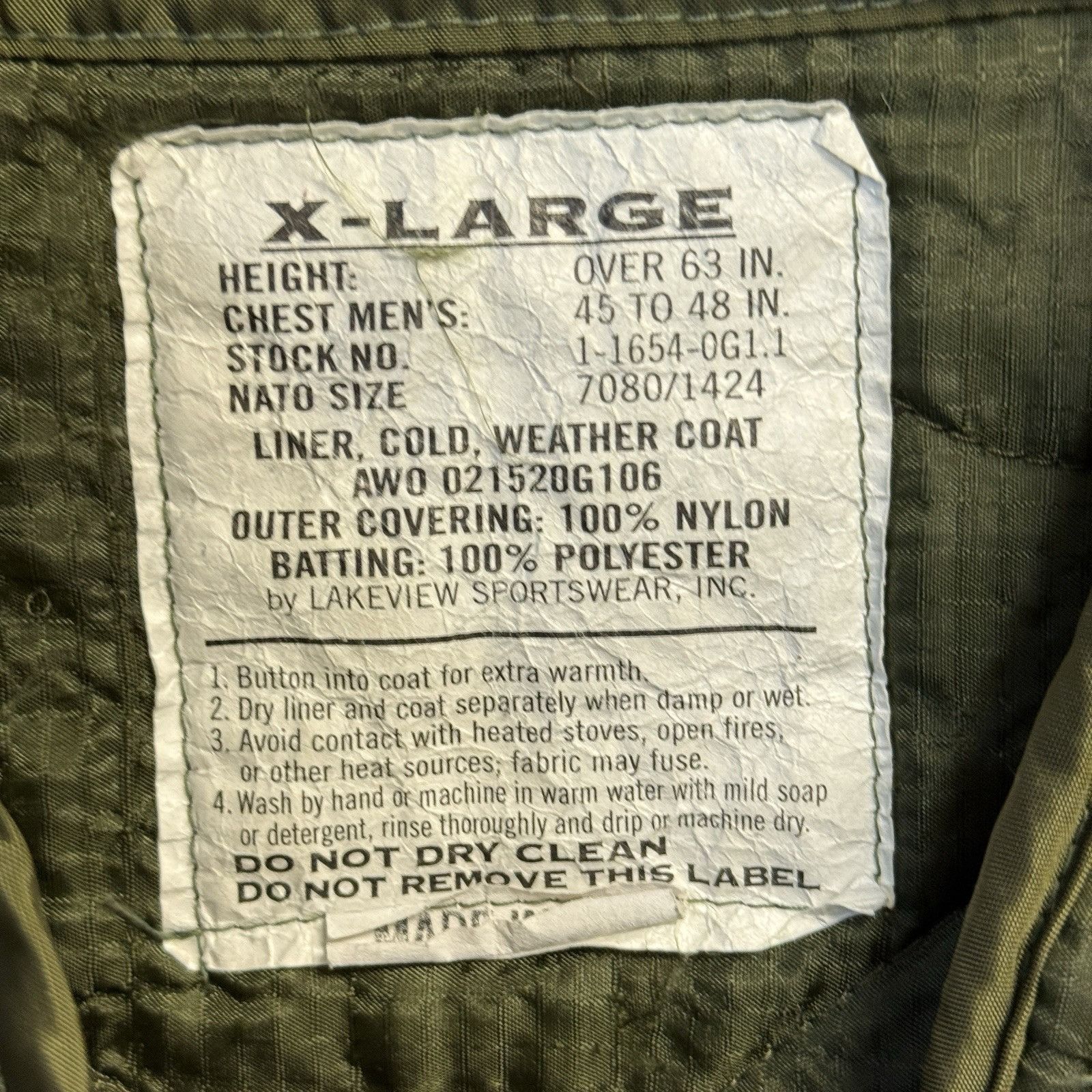 Vintage US Military Liner Mens XL Green Quilted Cold Weather Size US XL / EU 56 / 4 - 10 Thumbnail