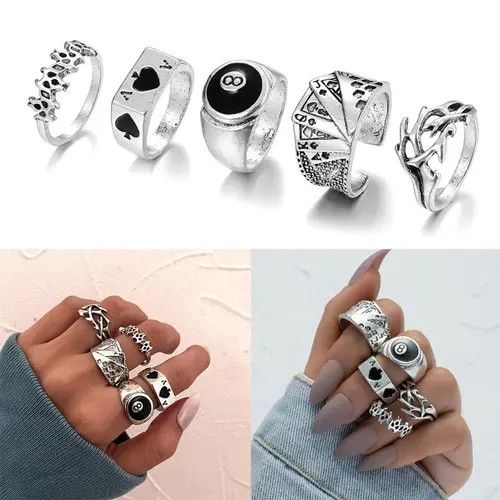 VIBE Ring Set Gothic Punk Rock Playing Cards Size ONE SIZE - 7 Thumbnail