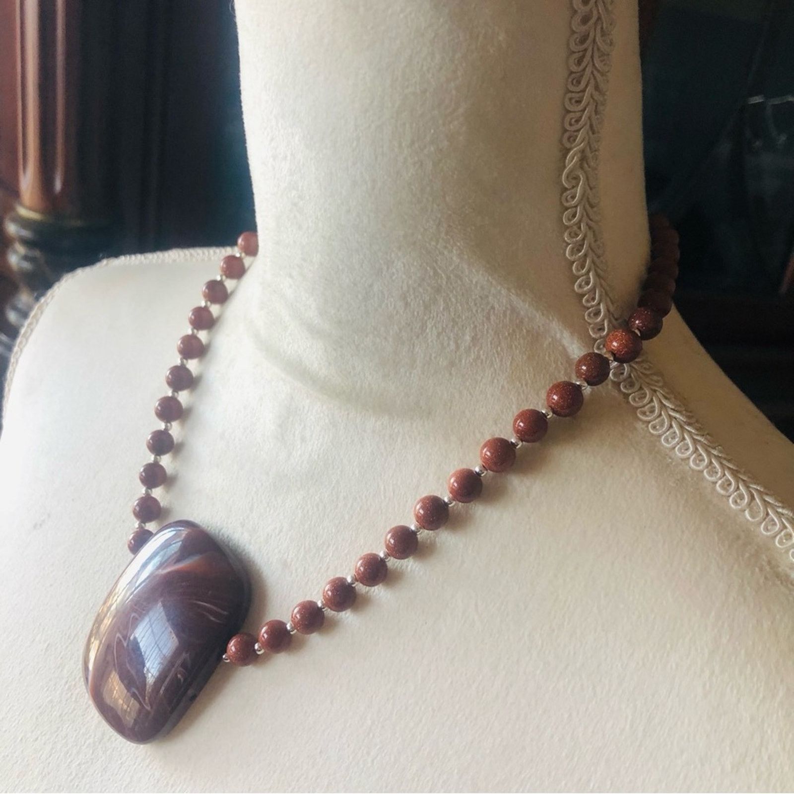 Handmade Handcrafted large marble medallion goldstone bead necklac Size ONE SIZE - 5 Thumbnail