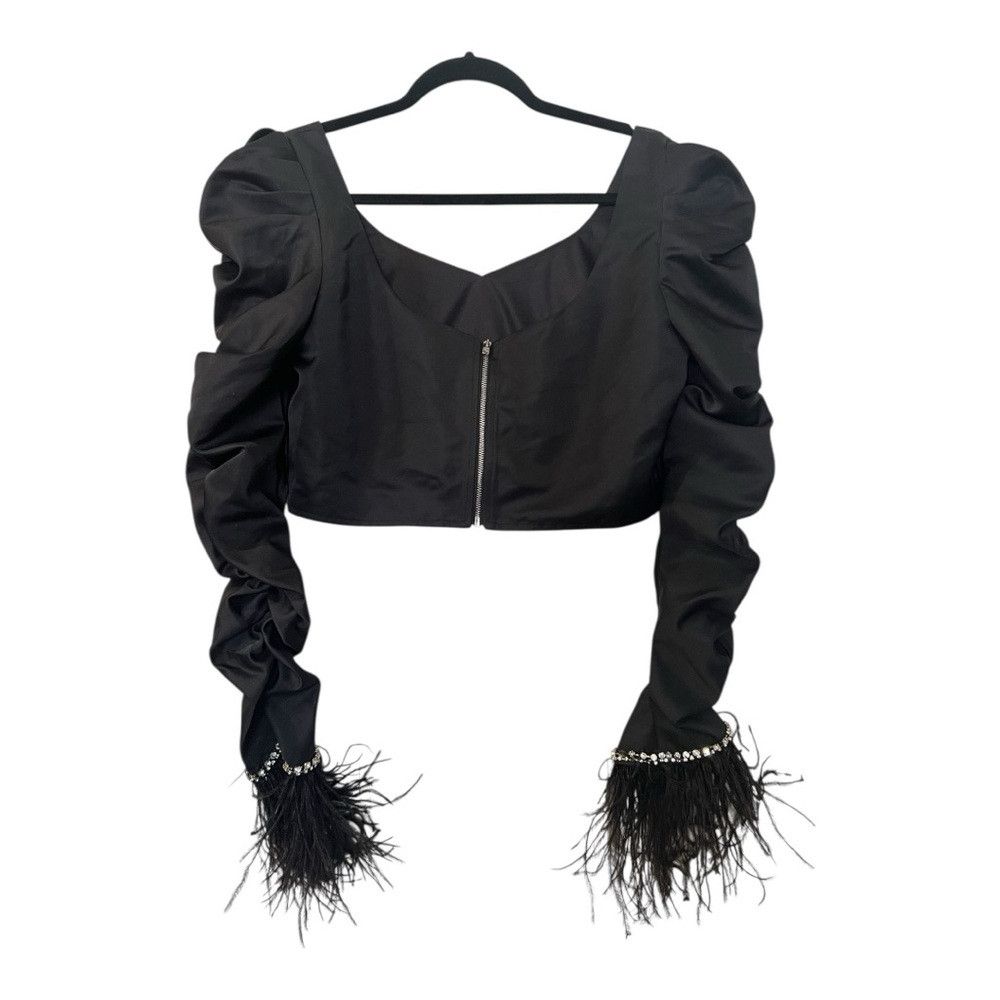 Other Black Satin Feather Sleeve Crop Top | Rhinestone Cuff | Par Size L / US 10 / IT 46 - 3 Thumbnail