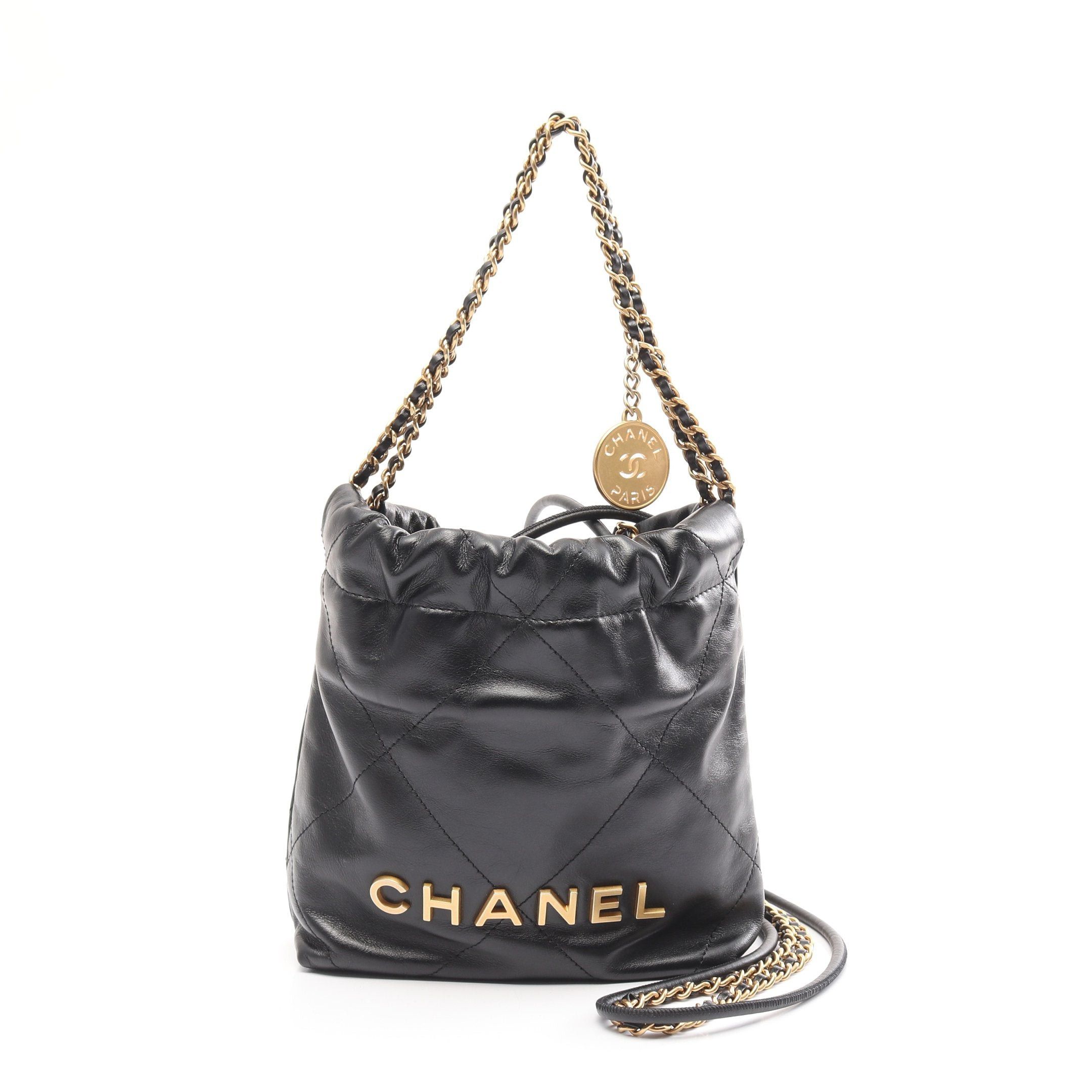 Chanel Chanel 22 Mini Chain Shoulder Bag Leather Black Gold Hardware, Women's