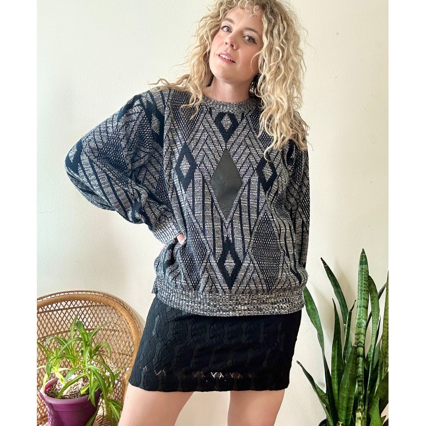 Vintage 80s Leather Diamond Grandpa Sweater Men's 1X Size US XL / EU 56 / 4 - 1 Thumbnail