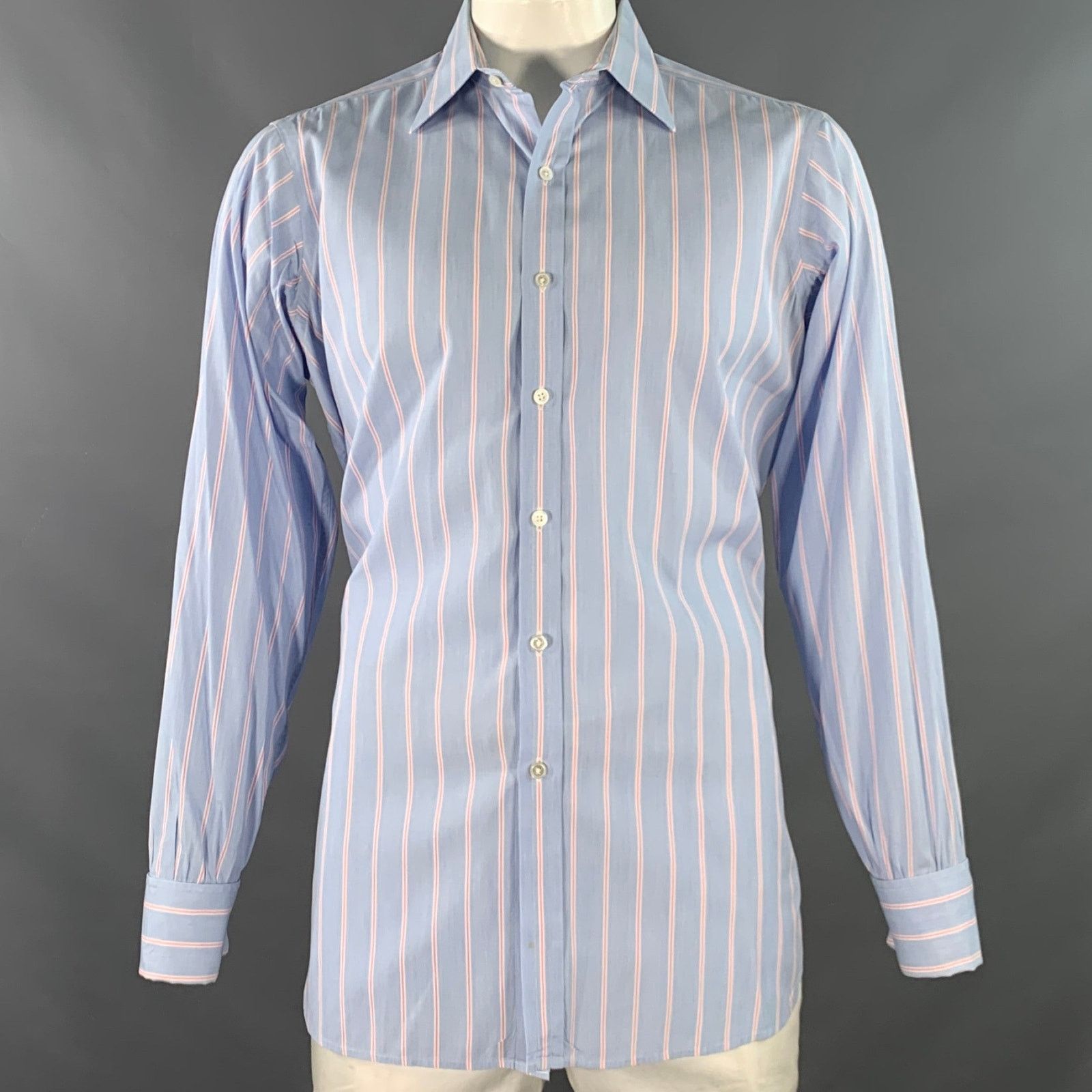 Turnbull & Asser Size L Blue Pink Stripe Cotton French Cuff Long Sleeve Shirt Size US L / EU 52-54 / 3 - 1 Thumbnail