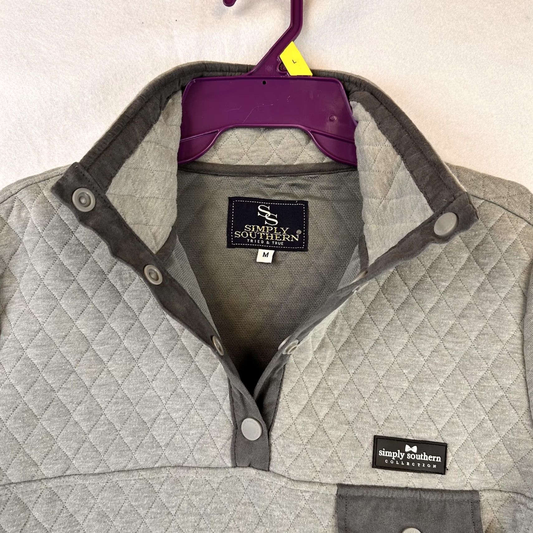Vintage Simply Southern Sweatshirt Womens M Gray Quilted Snap Pullover Mock Neck Argyle/Diamond Size M / US 6-8 / IT 42-44 - 4 Thumbnail