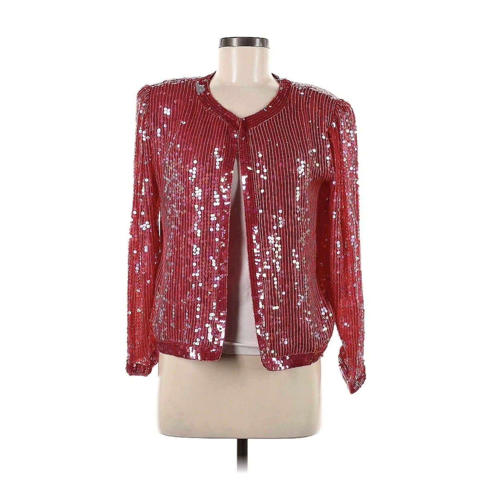 Vintage Sweelo Kazar 100% Silk Linked Beaded Sequin Jacket Red Pink Size M / US 6-8 / IT 42-44 - 1 Thumbnail