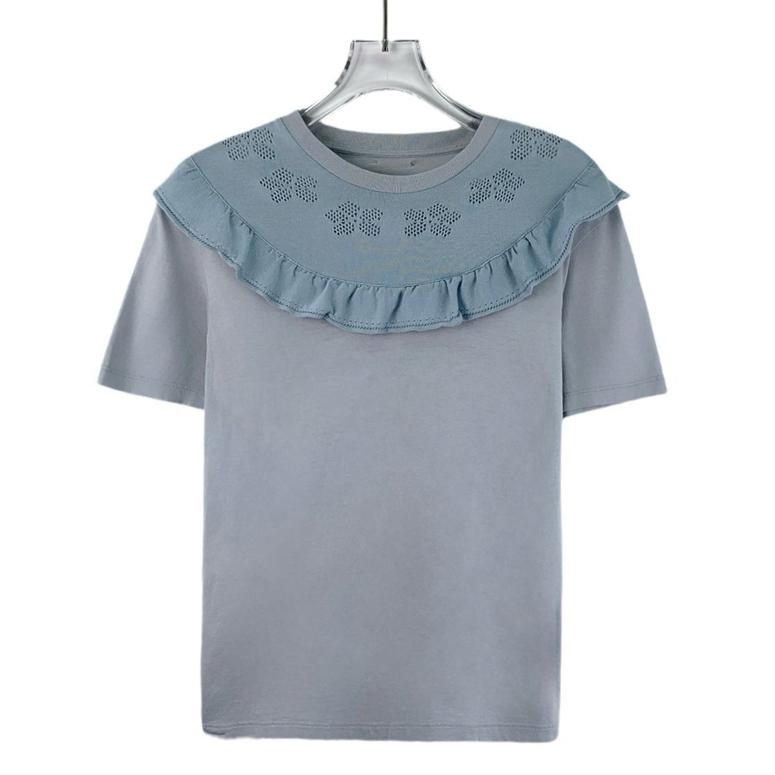 Miu Miu Miu Miu Light Blue Lotus Leaf Lace Cutout Round Neck Short-S Size S / US 4 / IT 40 - 1 Thumbnail
