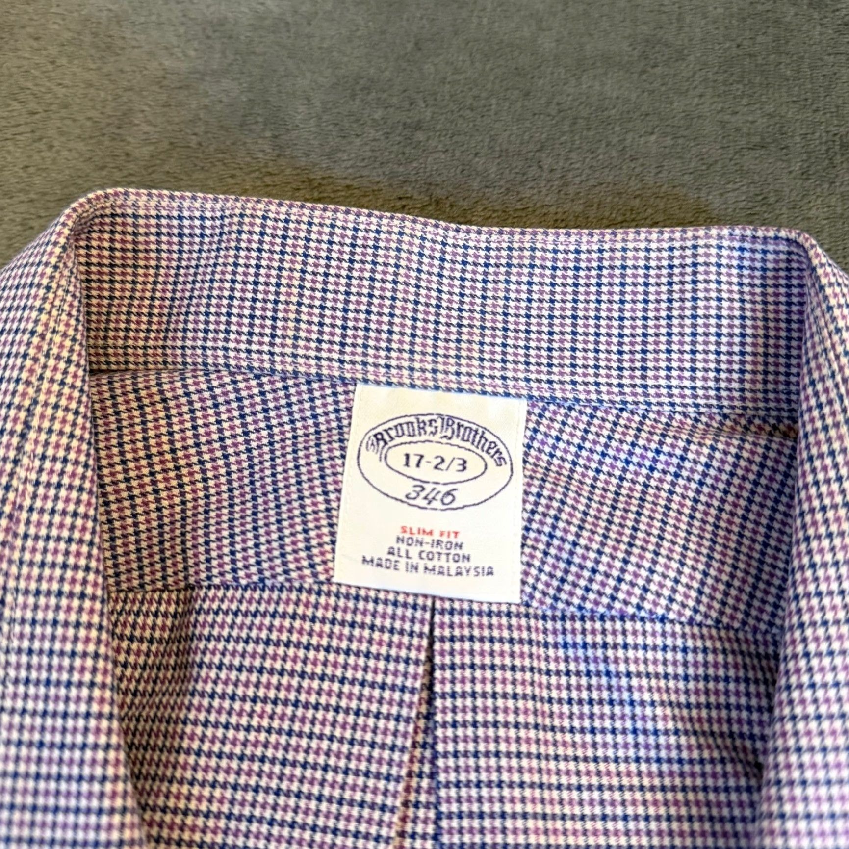 Brooks Brothers Brooks Brothers 346 Dress Shirt Slim Fit Non-Iron 100% Cotton Blue Purple Houndstooth 17 2/3 Men Long Sleeve Button-Front Casual Formal Business Mens Size 46R - 2 Thumbnail