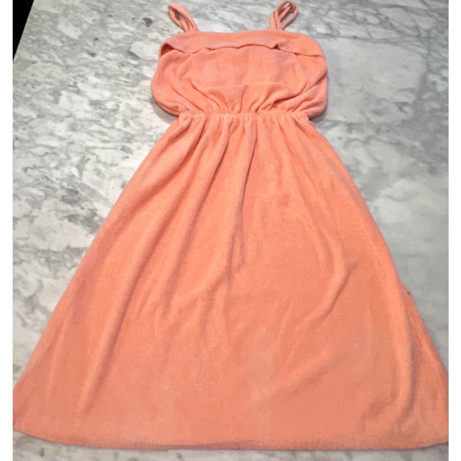 Vintage 1970s Women's Peach Terry Cloth Halter Dress M Summer Beach Pool  Cotton Blend Slits