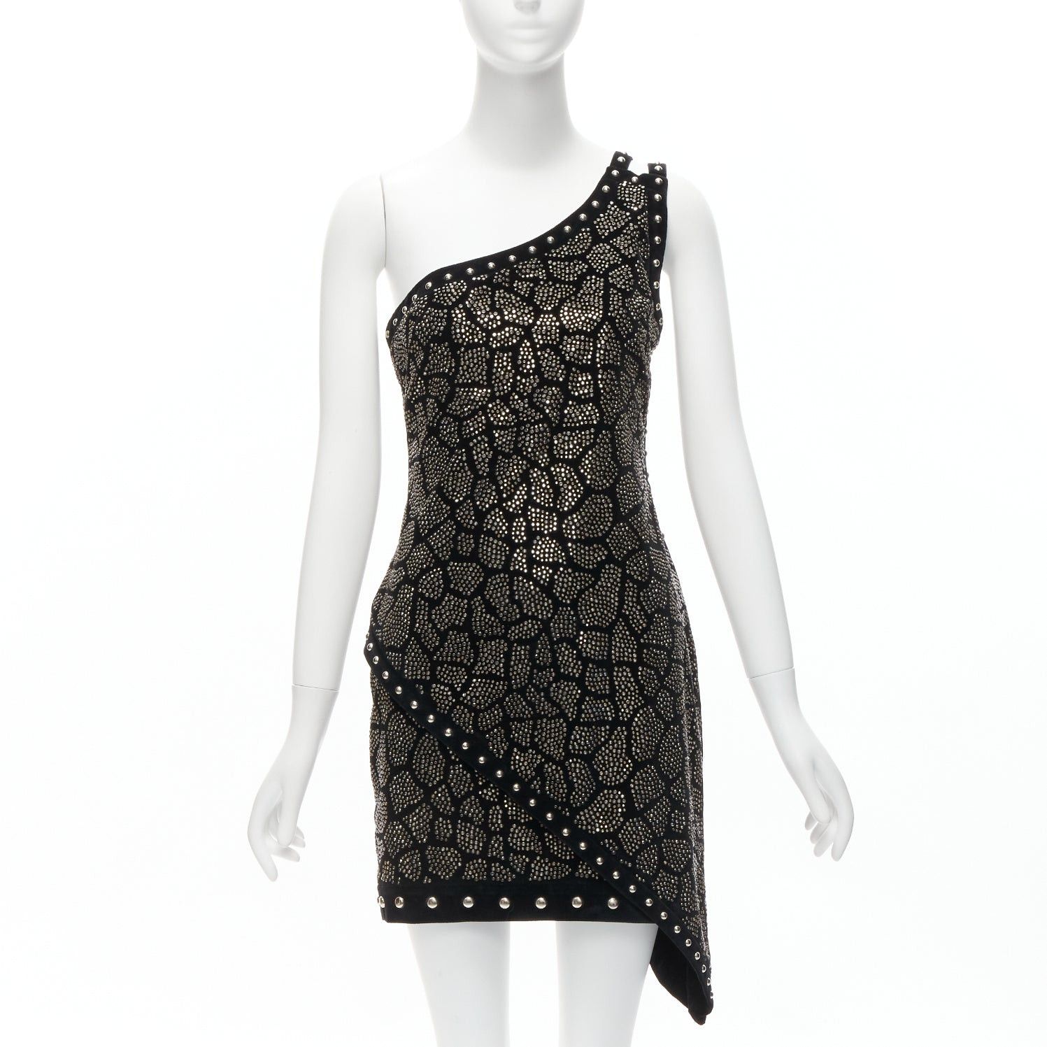Balmain BALMAIN Olivier Rousteing 2017 silver studded bead embellished black velvet one shoulder dress L Size M / US 6-8 / IT 42-44 - 1 Thumbnail