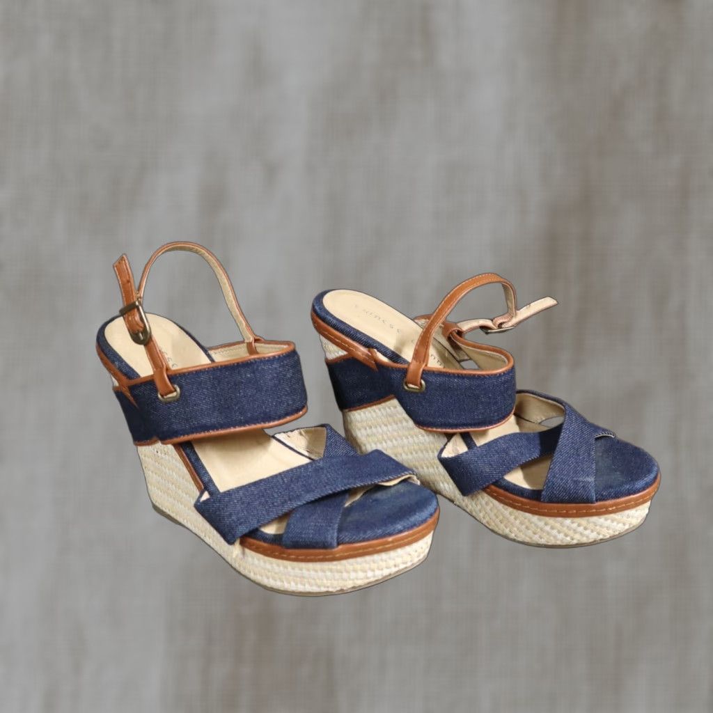 Vintage CL by Chinese Laundry Leather Open Toe Slingback Womens Size 8 Blue Tan WEDGE Shoes Pumps Classics Casual Pattern Solid Med Width 8 Size US 8 / IT 38 - 1 Thumbnail